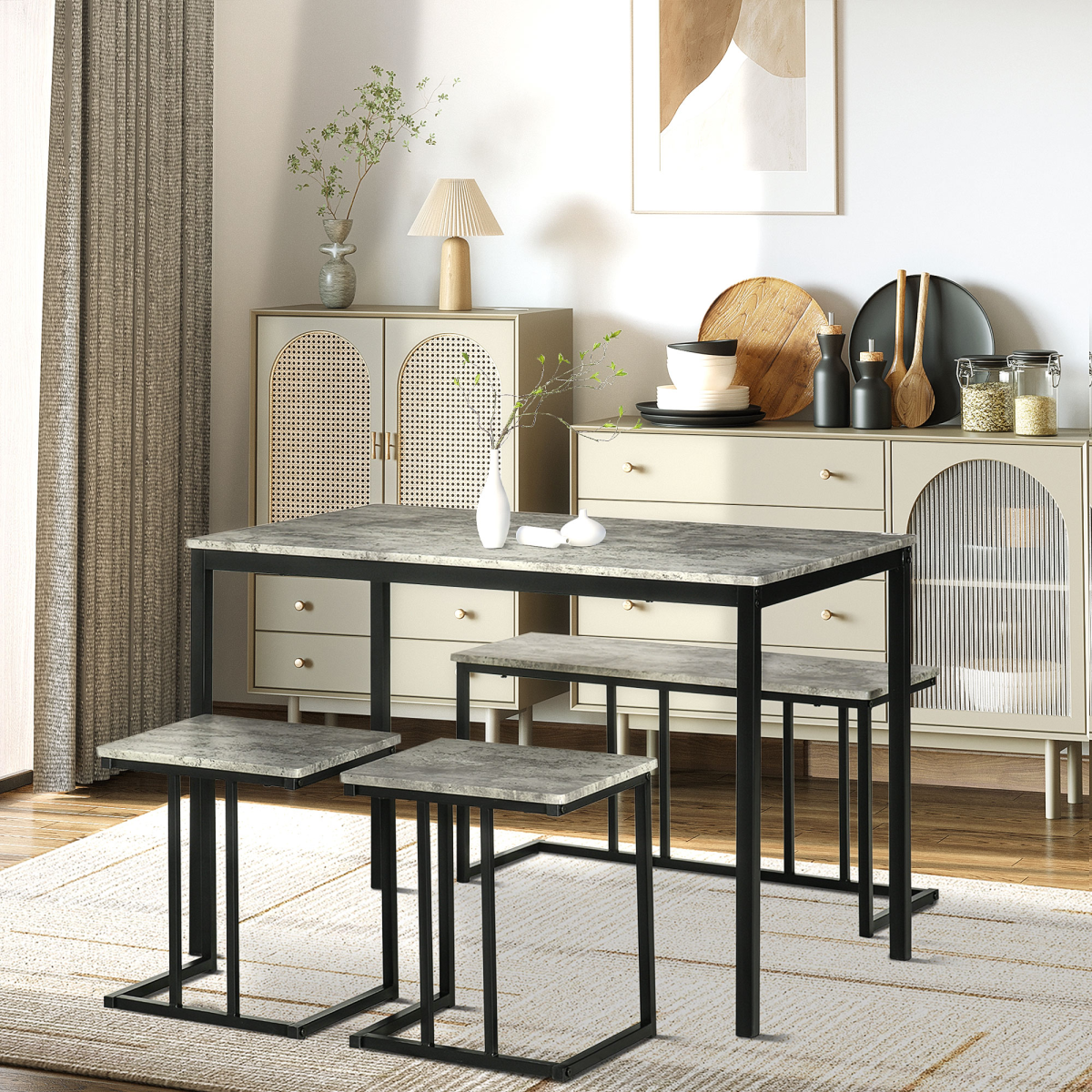 HOMCOM 4-Piece Dining Table Set for 4 People with 2 Stools and Bench, Concrete Effect Grey