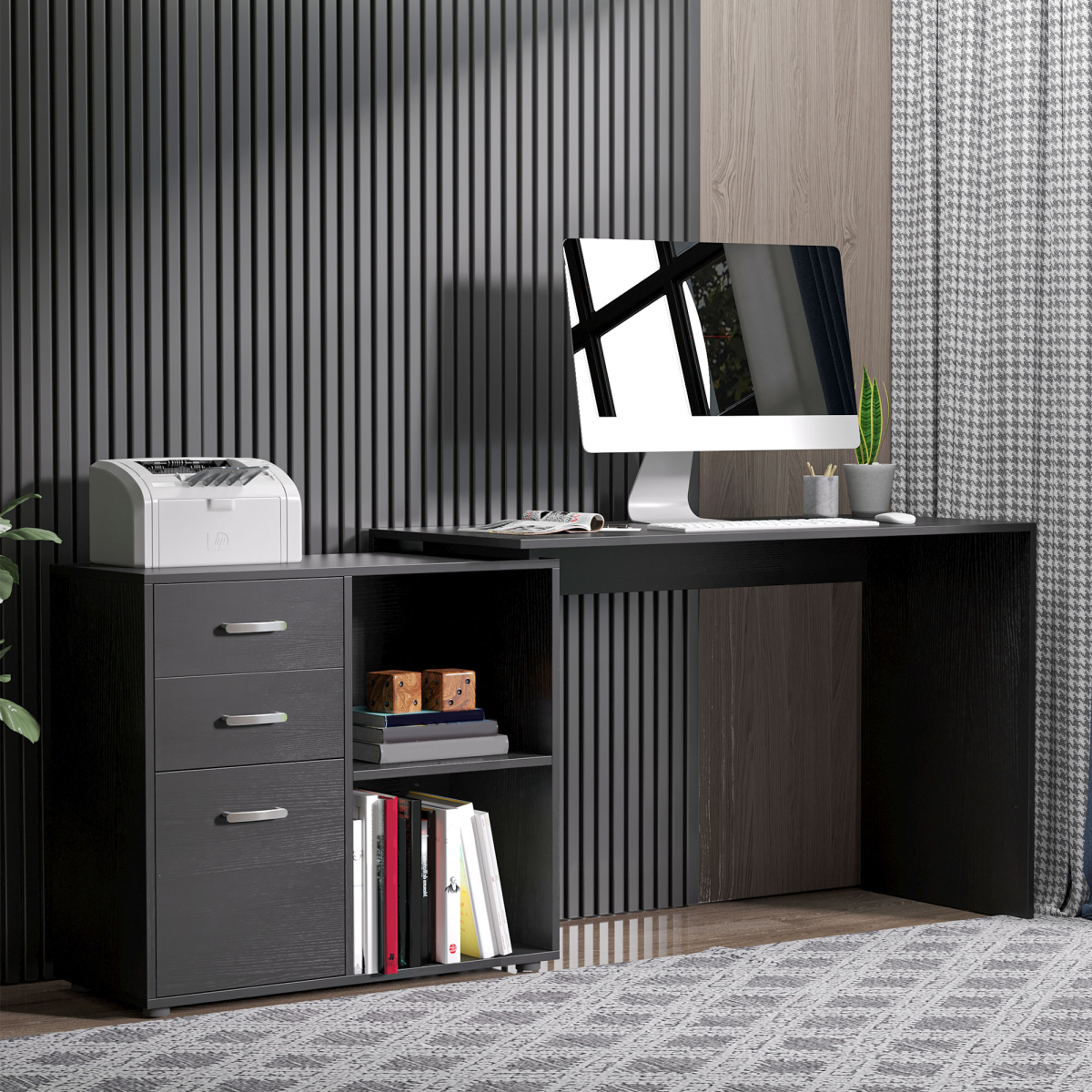 HOMCOM L Shape Computer Desk Workstation with Drawer Shelf File Cabinet, Home Office Desk