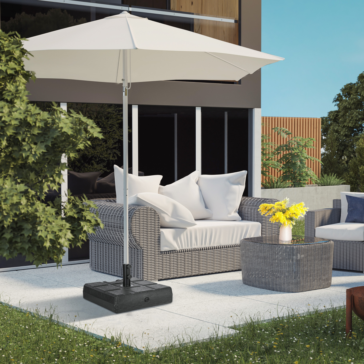 Square Umbrella Parasol Base with Wood Effect, Plastic Parasol Stand, Black