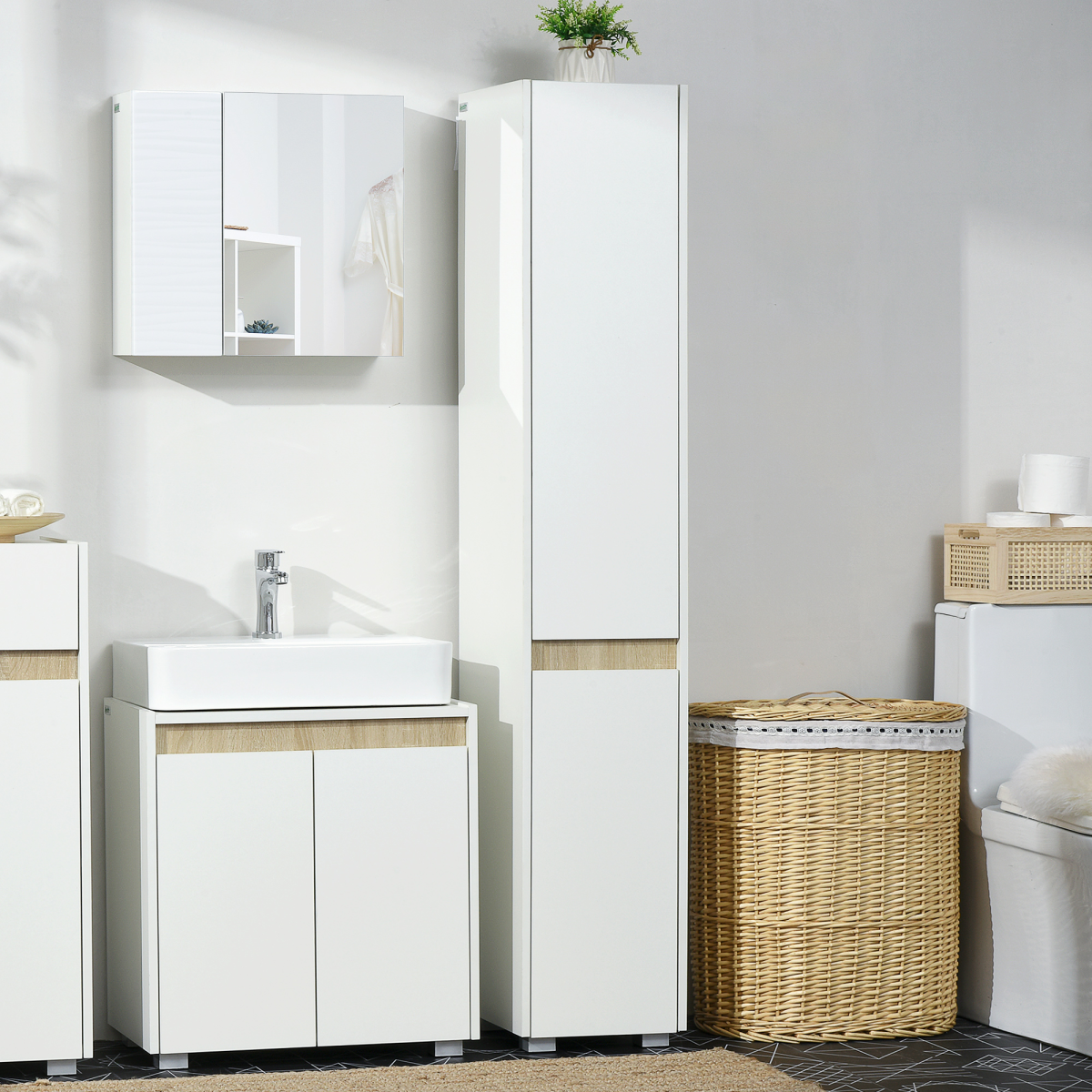 Slim Freestanding Tall Bathroom Storage Cabinet with Adjustable Shelves, Integrated Finger Pull, White
