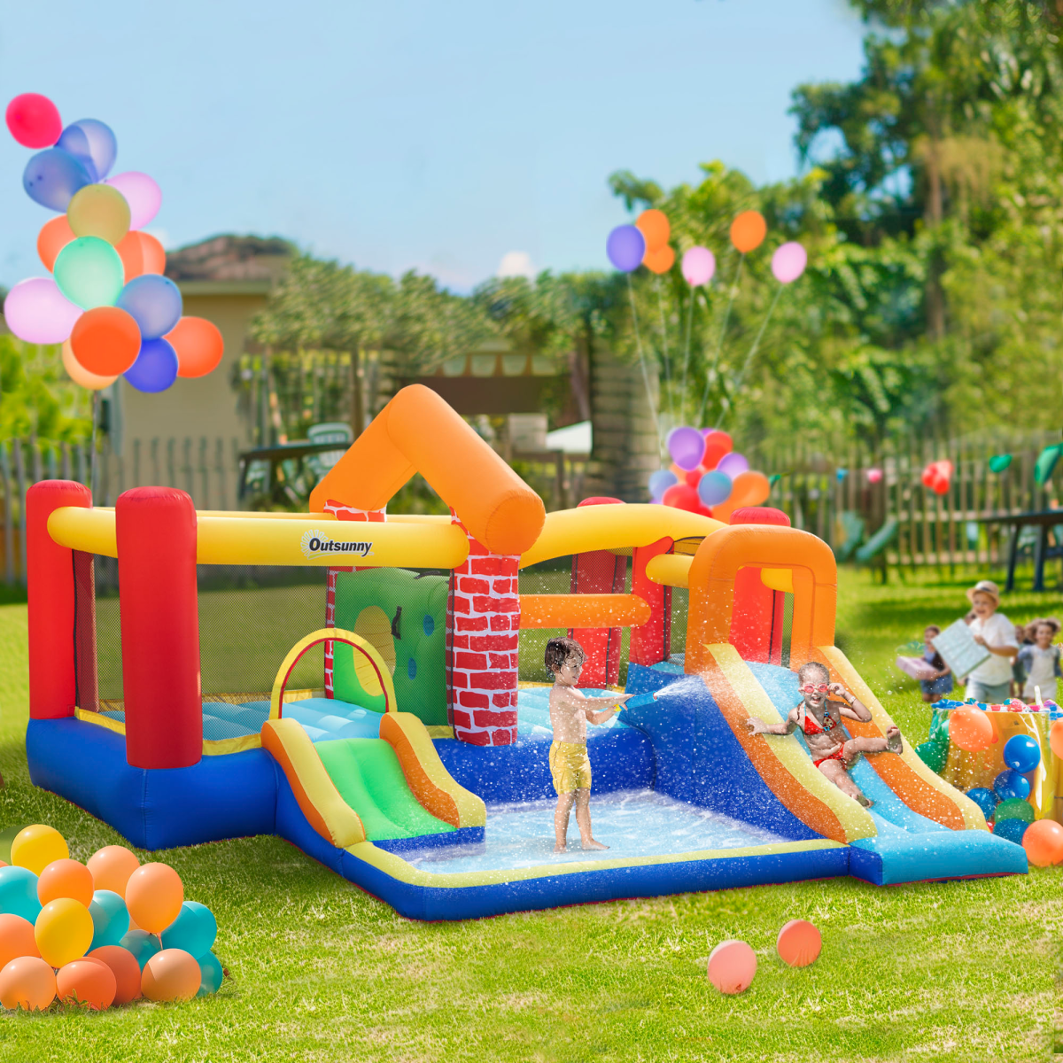 Kids Inflatable Bouncy Castle with 2 Slides, Pool, Trampoline & Blower