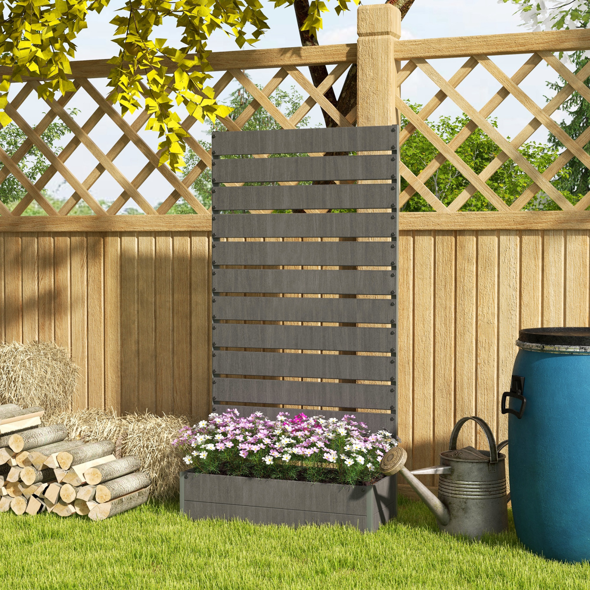Outsunny Raised Garden Bed with Trellis, Standing Planter Box, Dark Grey