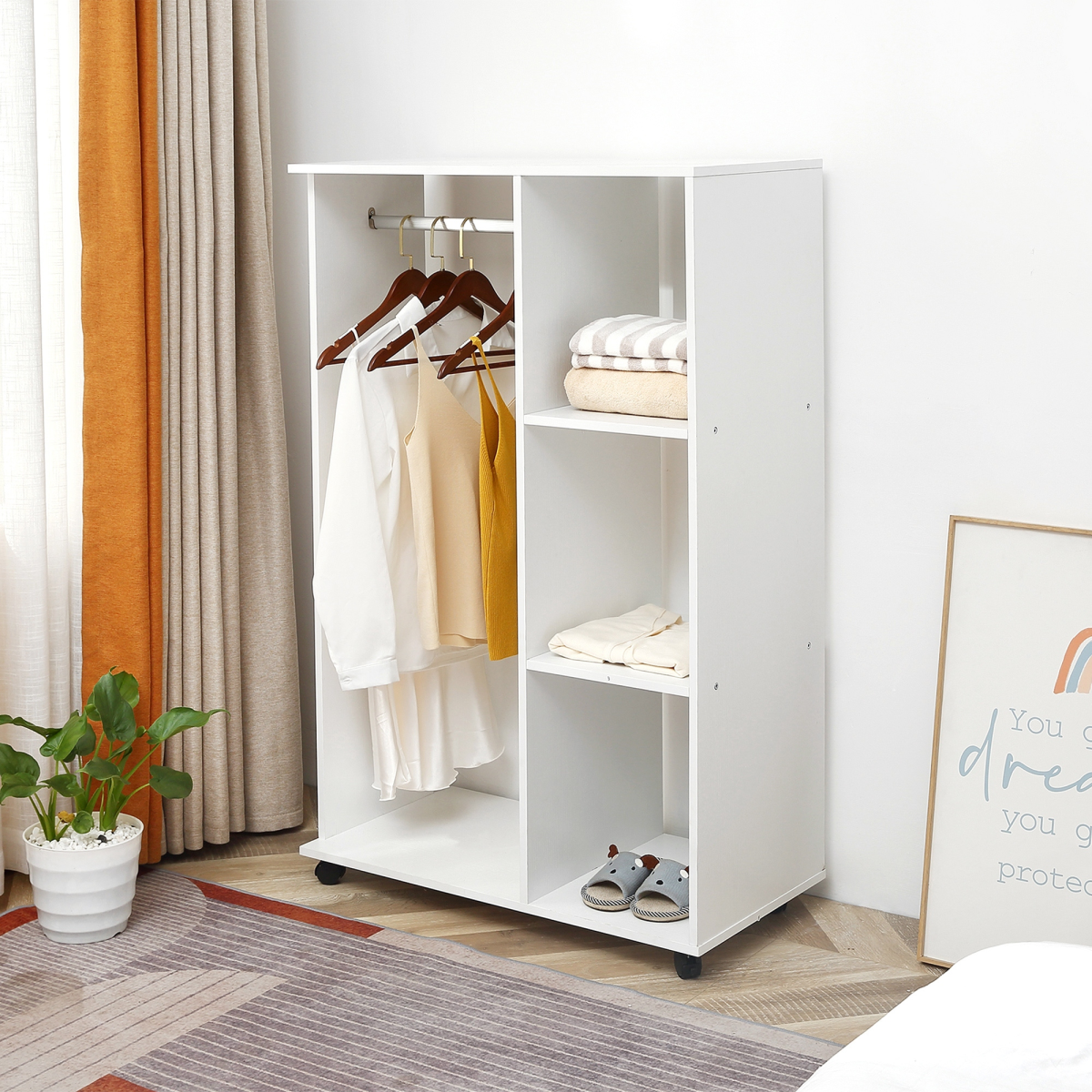 White Storage Wardrobe with Shelves, Hanging Rail & Wheels