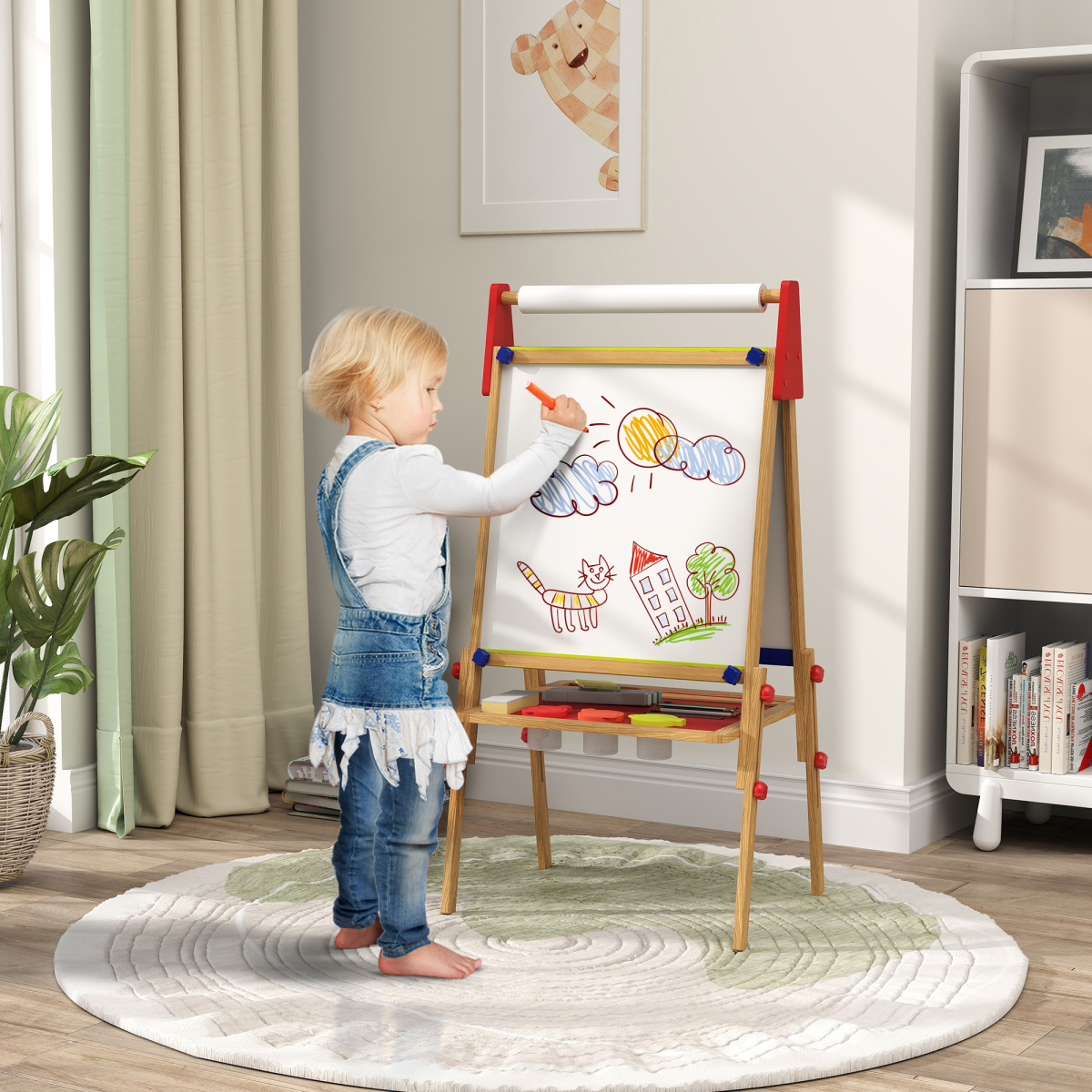 AIYAPLAY 3-in-1 Adjustable Kids Easel with Paper Roll and Storage Shelf