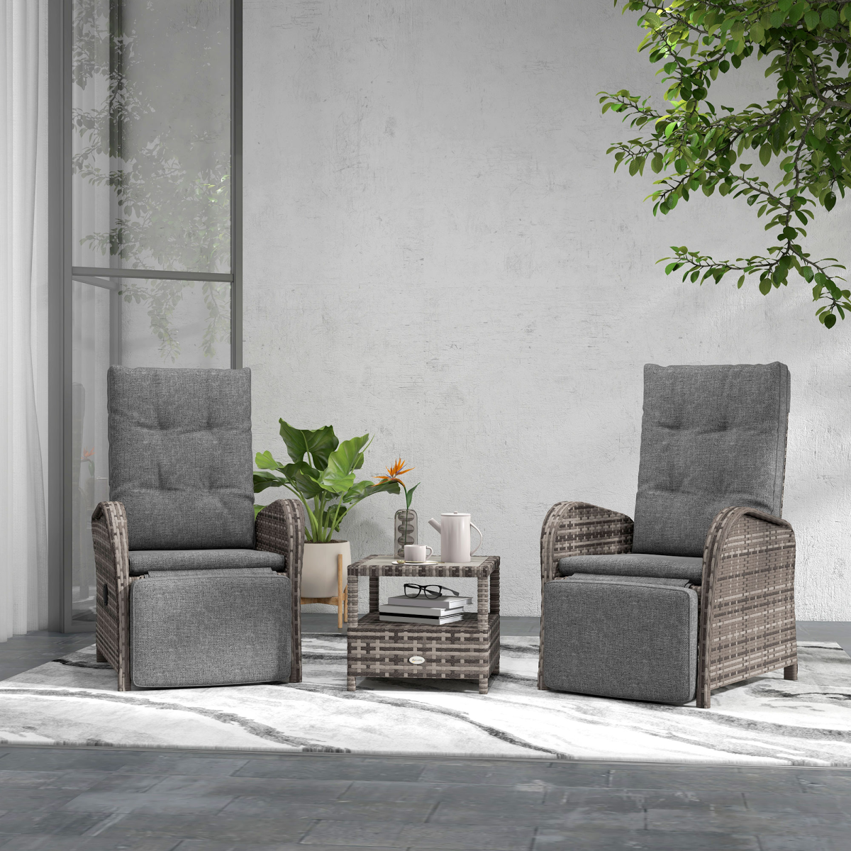 Outsunny 3-Piece Rattan Reclining Lounge Set with Cushions and Table for Patio, Yard, Porch