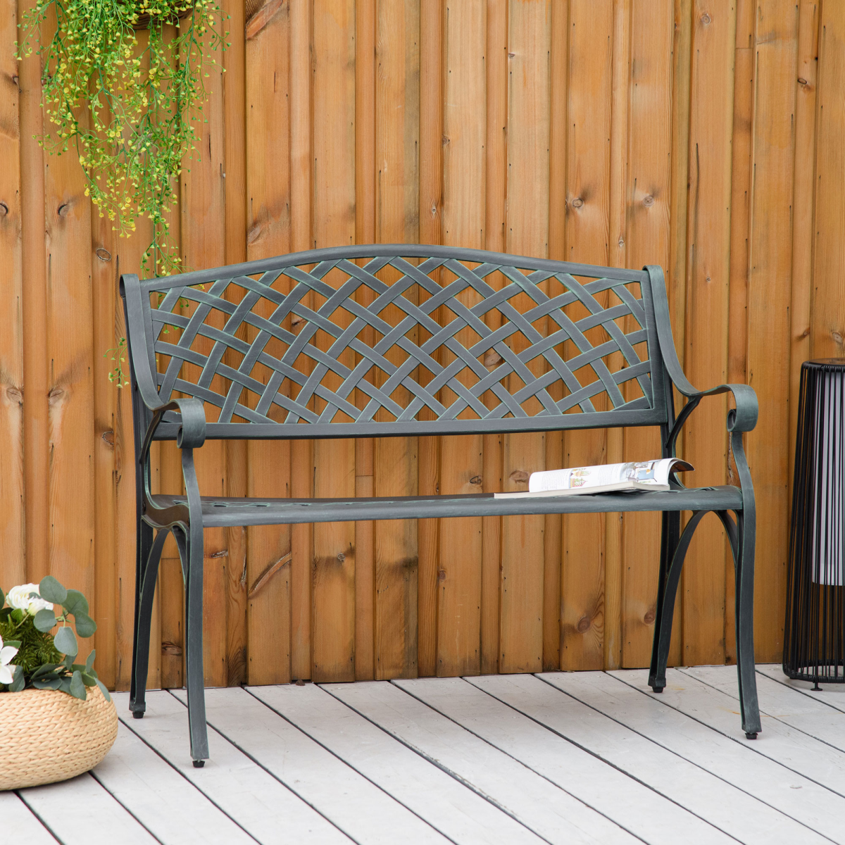 Outsunny Cast Aluminium 2 Seater Garden Bench with Armrests, Antique Patio Porch Loveseat, Verdigris