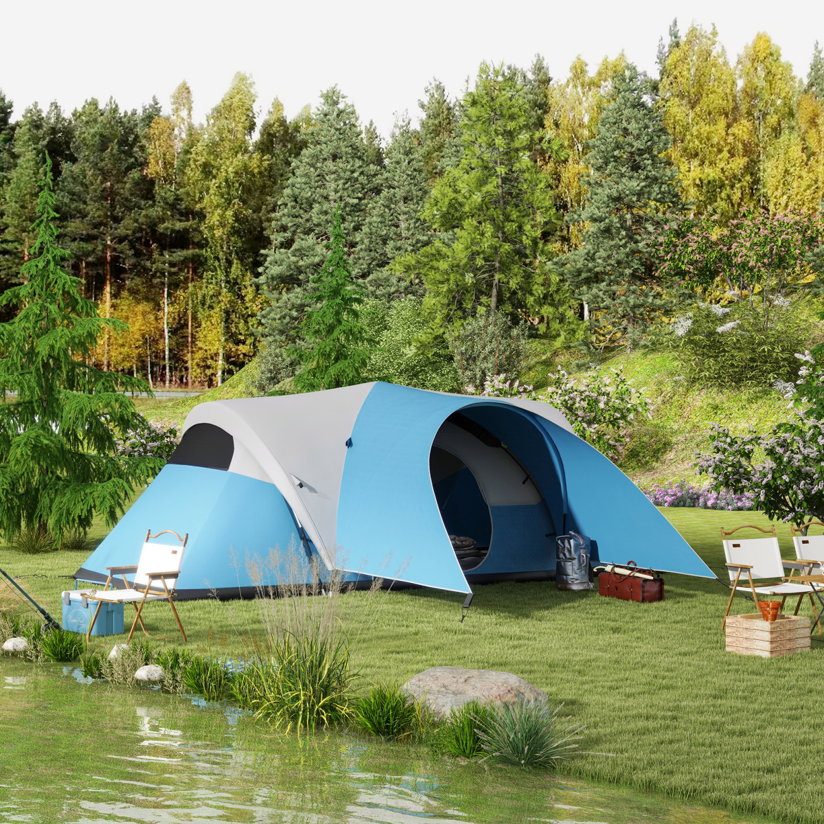 Outsunny 5-6 Person Waterproof Camping Tent with Porch & Groundsheet, Blue