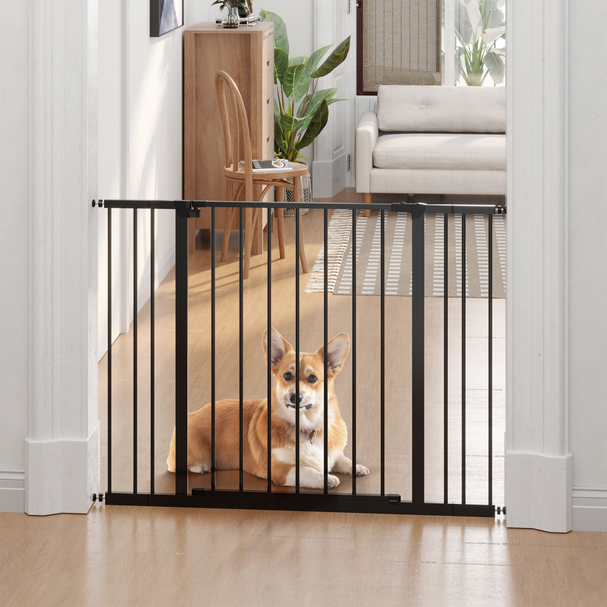 Pawhut Adjustable Pressure Mounted Dog Gate for Stairs & Doorways, Black