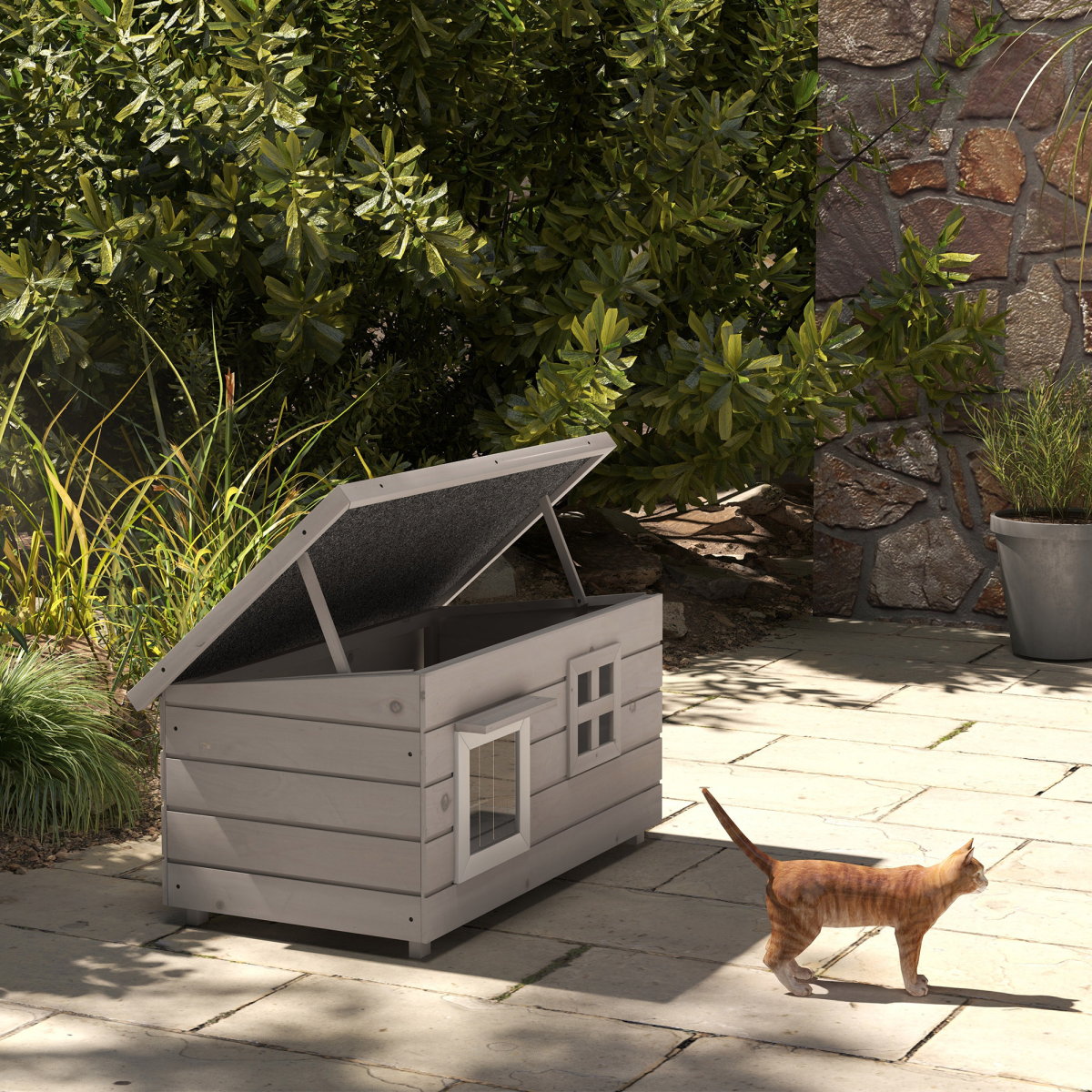 PawHut Wooden Outdoor Cat House with Openable Top, Asphalt Roof, Grey