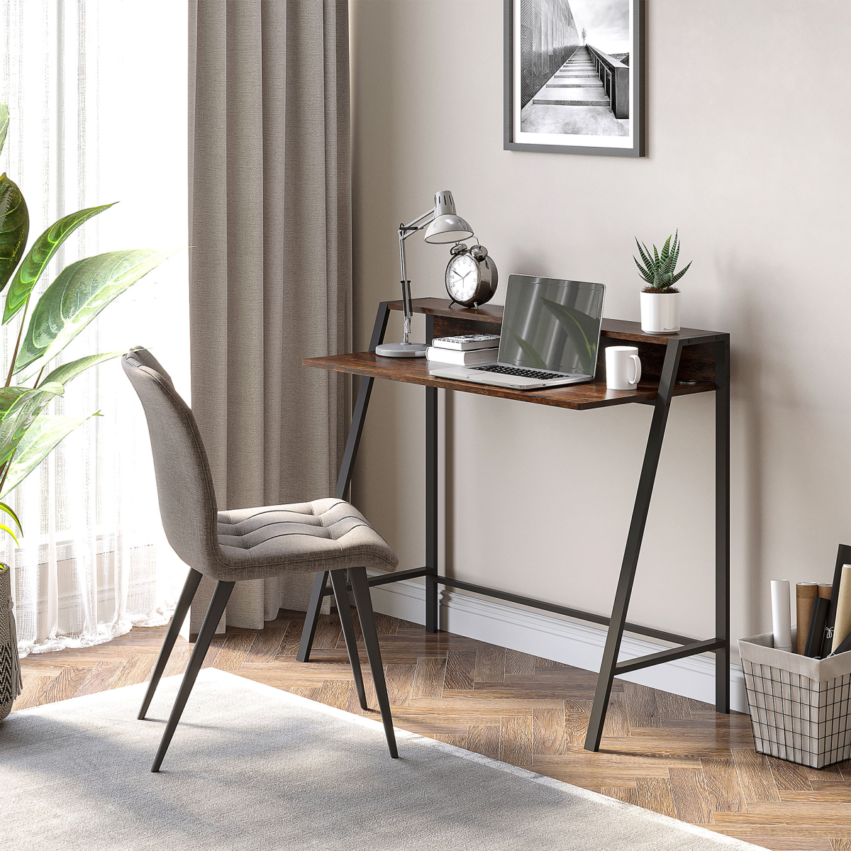 HOMCOM Rustic Brown Writing Desk Computer Workstation with Storage Shelf