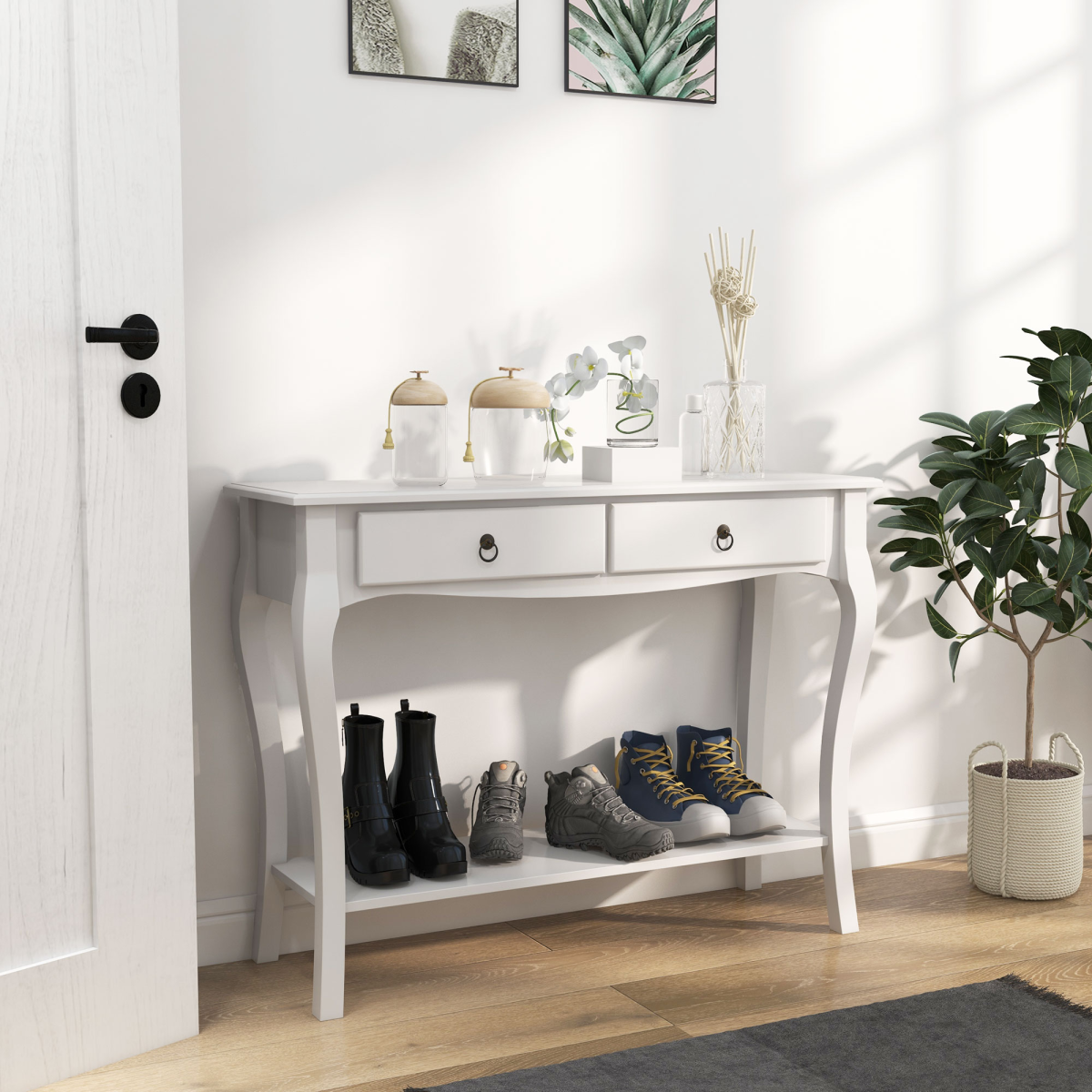 HOMCOM Ivory White Console Table with 2 Drawers and Lower Shelf