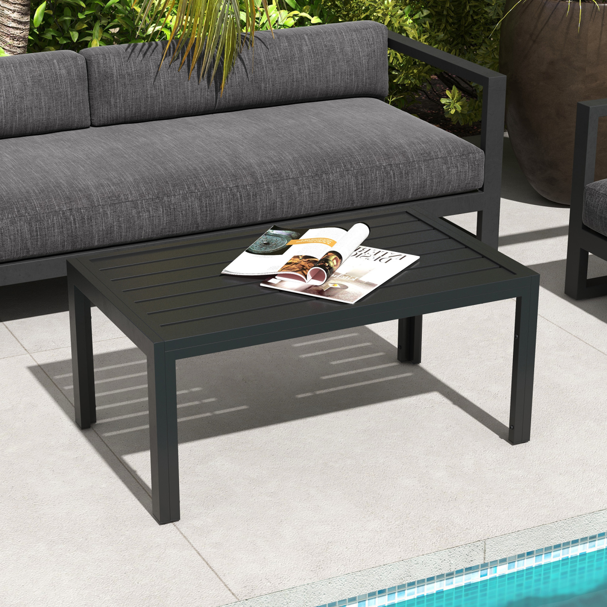 Outsunny Outdoor Side Table with Galvanised Steel Frame and Slatted Top, Black
