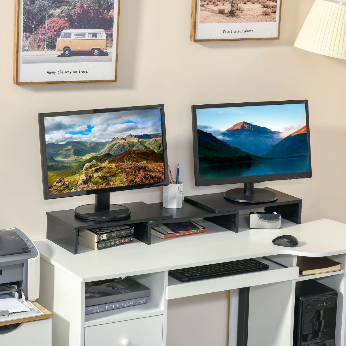 Adjustable Monitor Stand Riser with Extendable Length and Three-Part Storage, 80-117cm, MDF