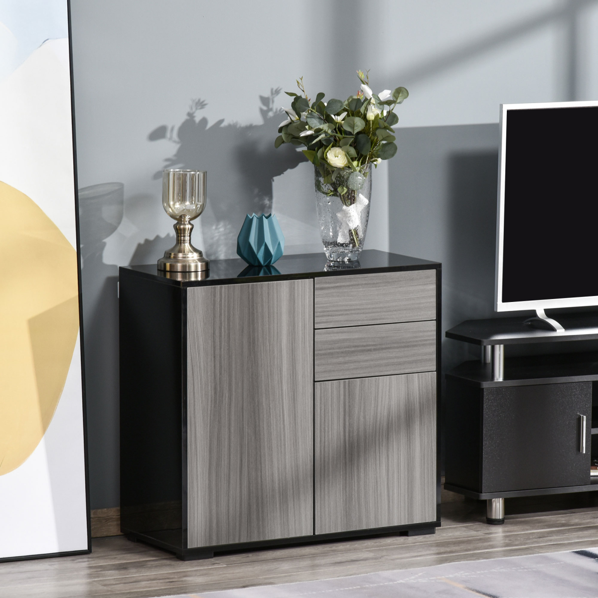 Side Cabinet with 2 Doors and 2 Drawers for Home Office, Grey and Black