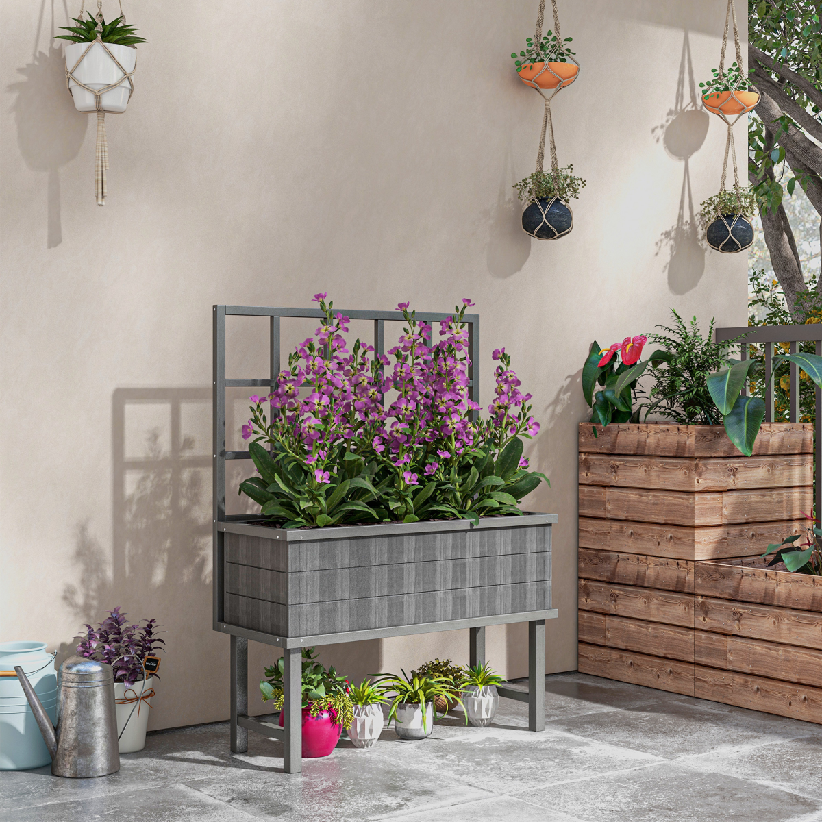 Outsunny Wood Raised Planter with Trellis, Drain Holes, Elevated Garden Bed, Grey