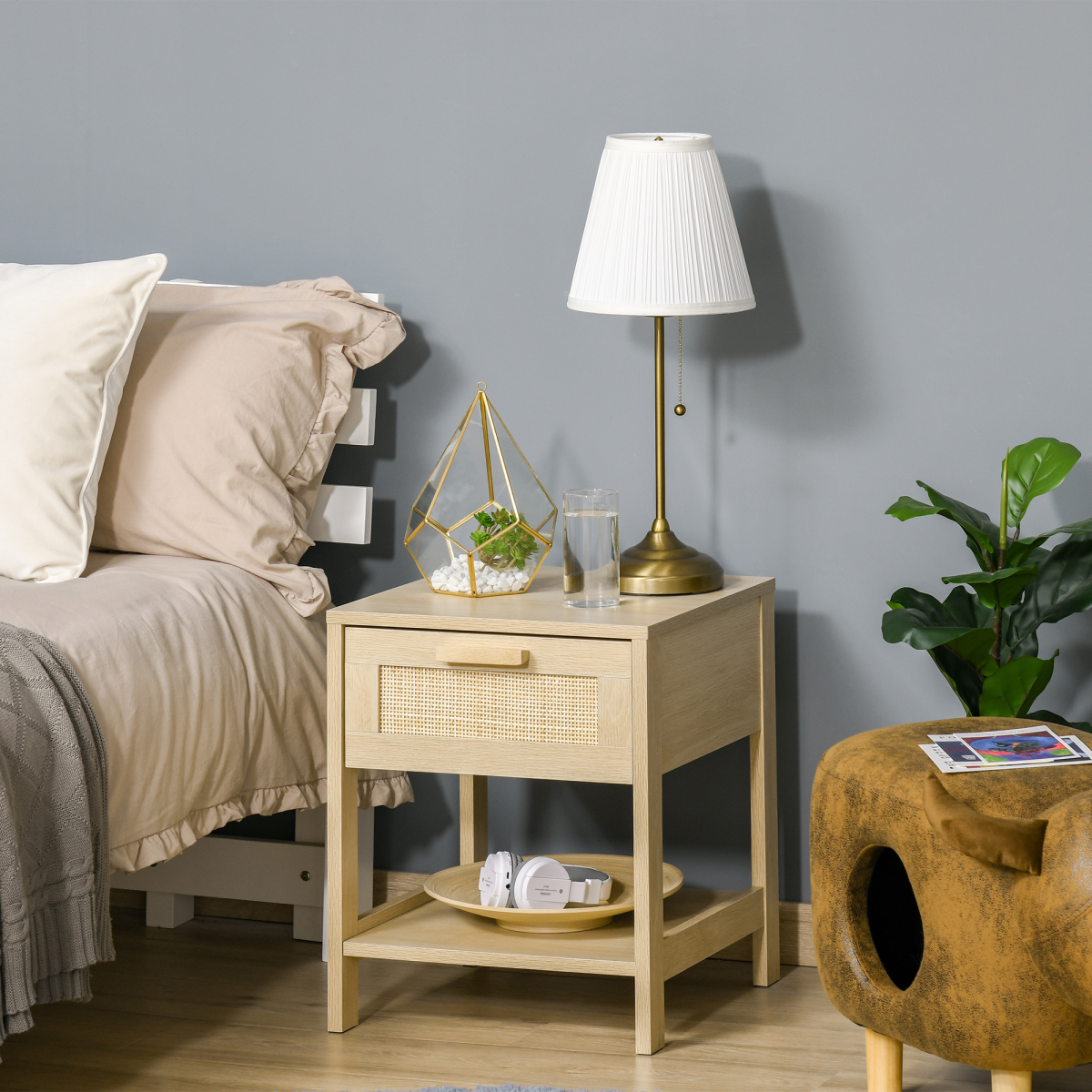 Rattan Nightstand with Drawer & Shelf, Wood-Effect Bedside Table