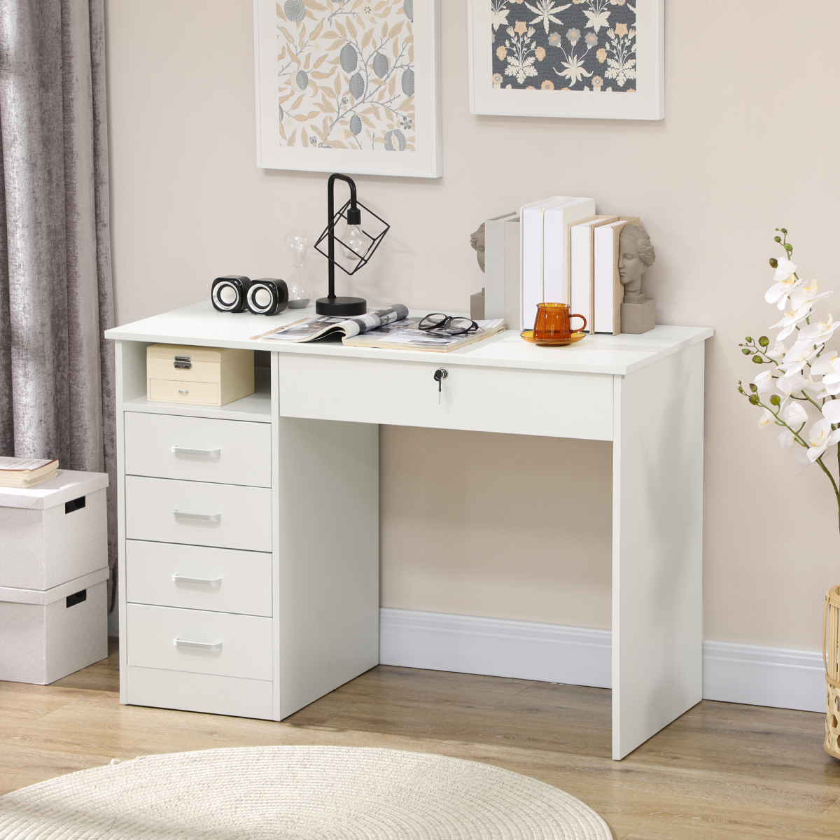 White Computer Desk with 5 Drawers and Locking Drawer