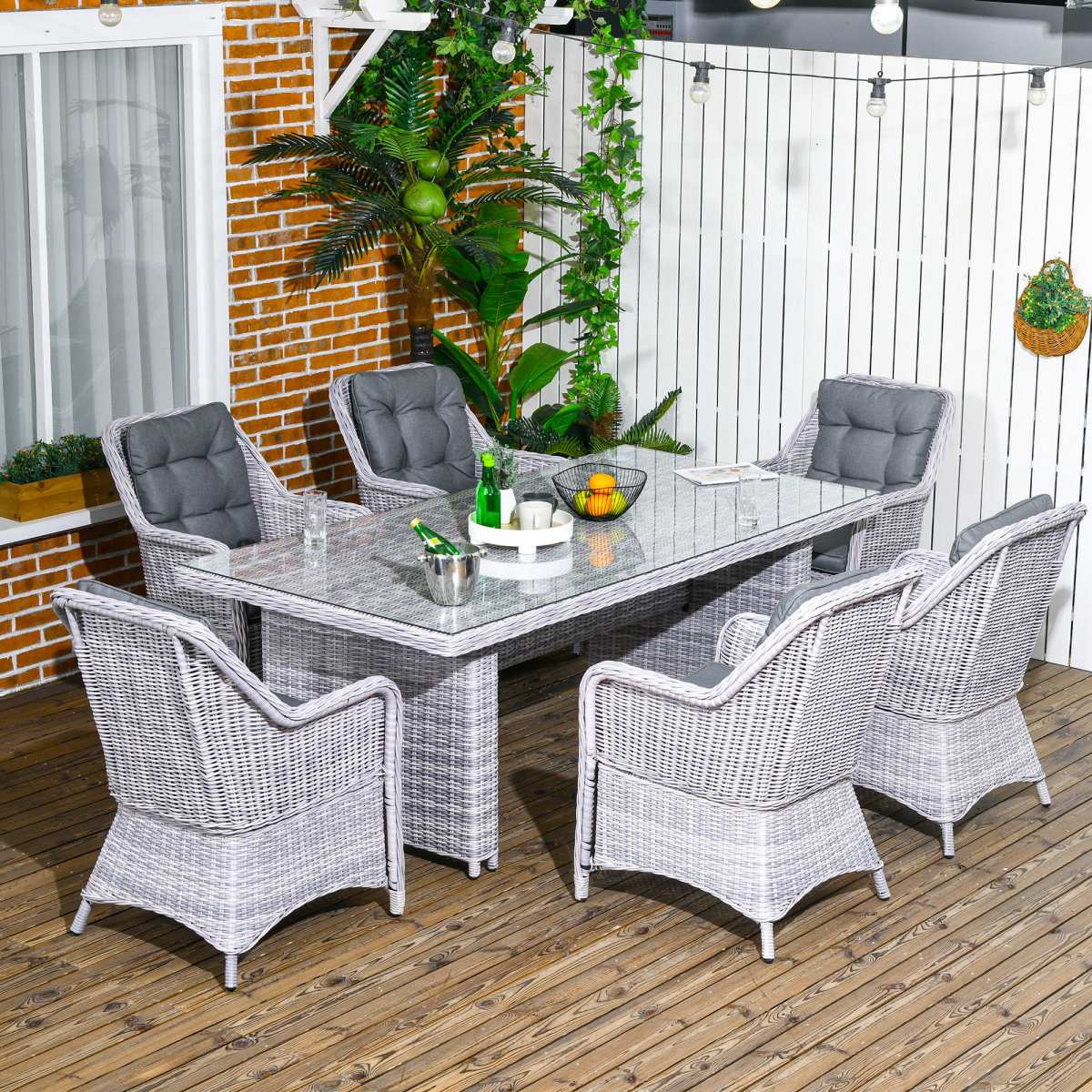Outsunny 7-Piece Patio Rattan Dining Set with Tempered Glass Table