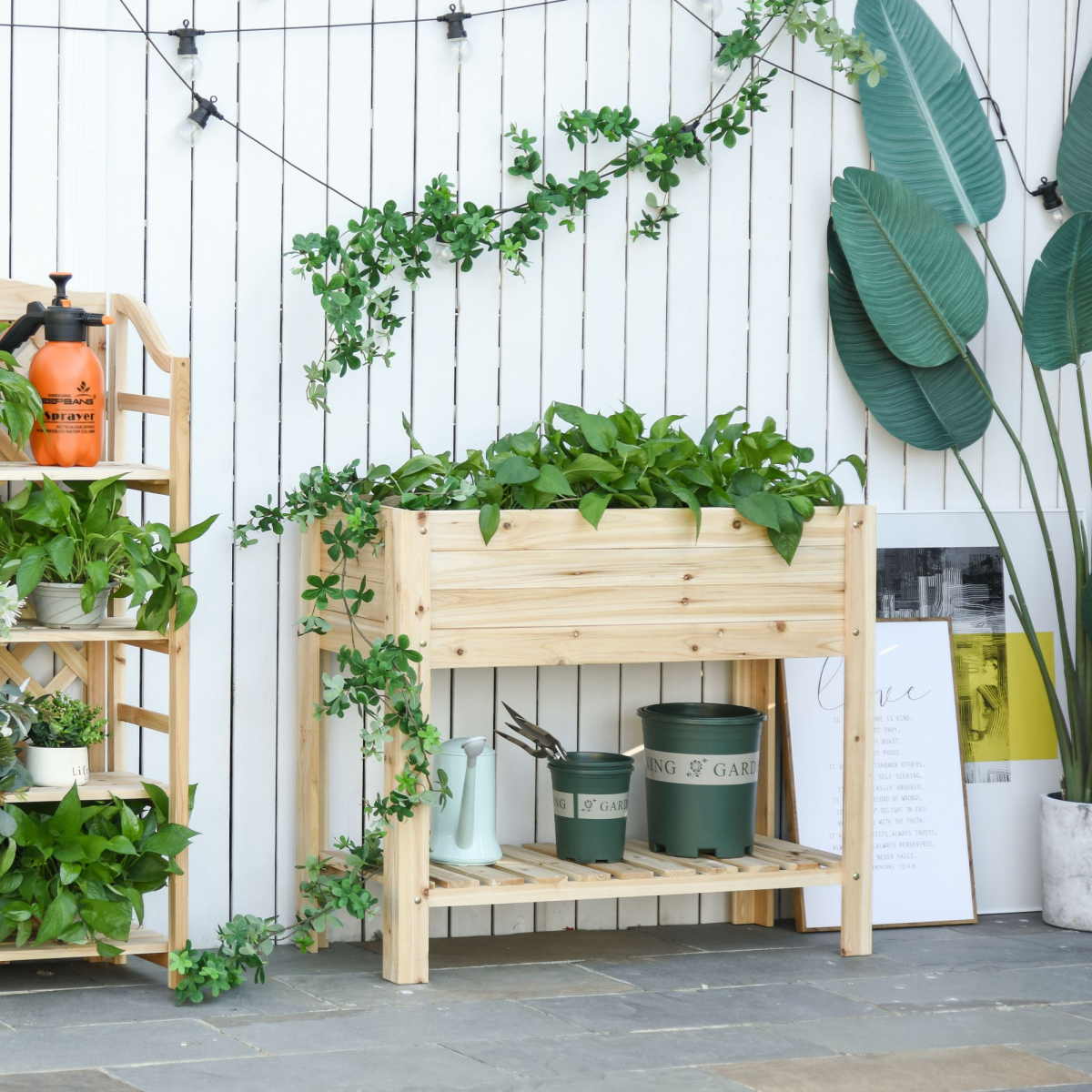Outsunny Wooden Raised Plant Stand with Bottom Shelf 100x40x84cm