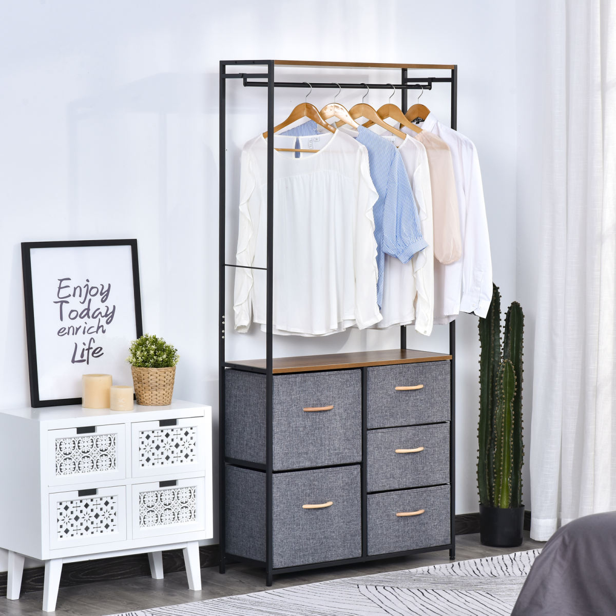 HOMCOM Freestanding Clothes Hanger Storage Unit, Steel Frame, Black Brown, 175 x 83 cm, with Top Rail, Shelf and Drawers