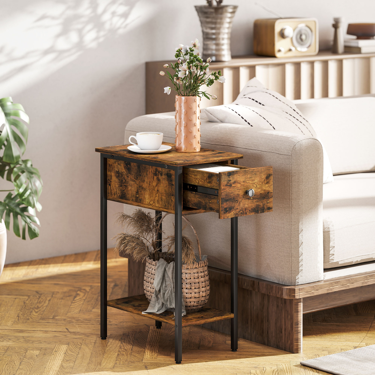 HOMCOM Industrial Narrow End Table with Drawer & Shelf, Rustic Brown
