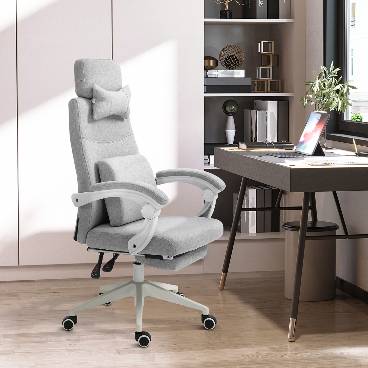 Grey Ergonomic Home Office Chair with Footrest, Swivel, Adjustable Height