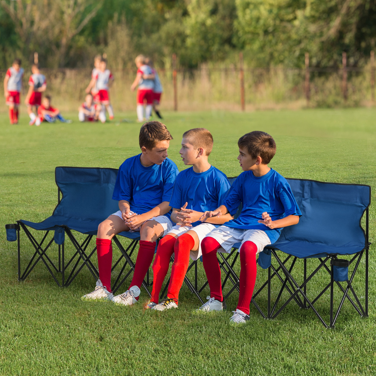 Outsunny 6-Seat Folding Bench Multi Deck Chair with Cup Holders, Folding Steel Frame, Blue