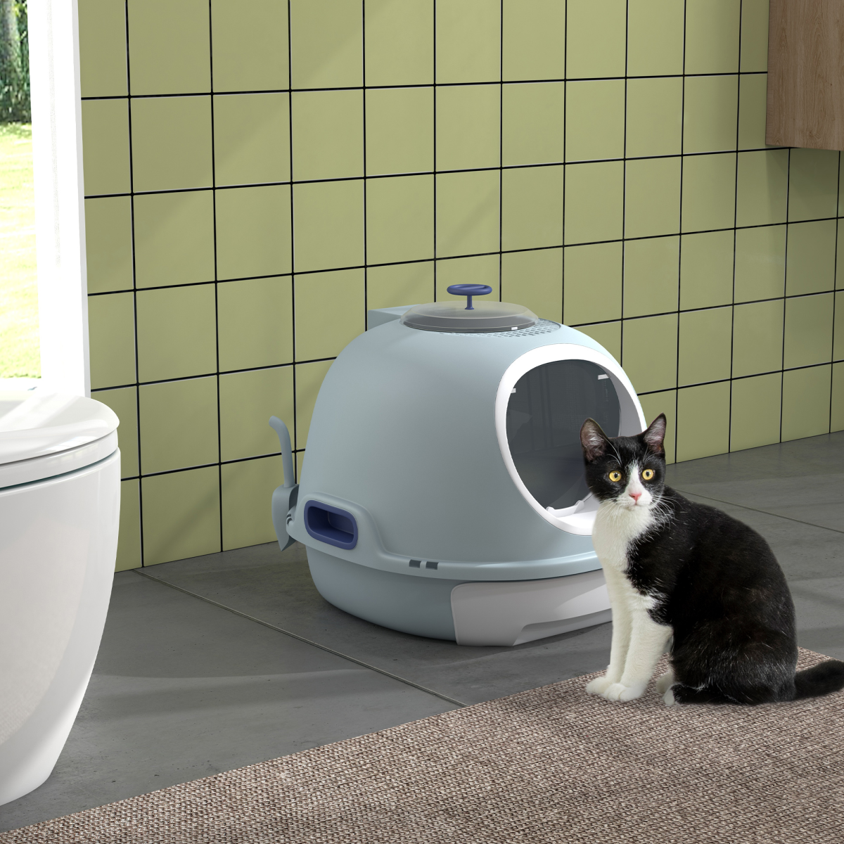 PawHut Enclosed Cat Litter Box with Removable Tray, Top Exit, Skylight, Scoop, and Side Handles
