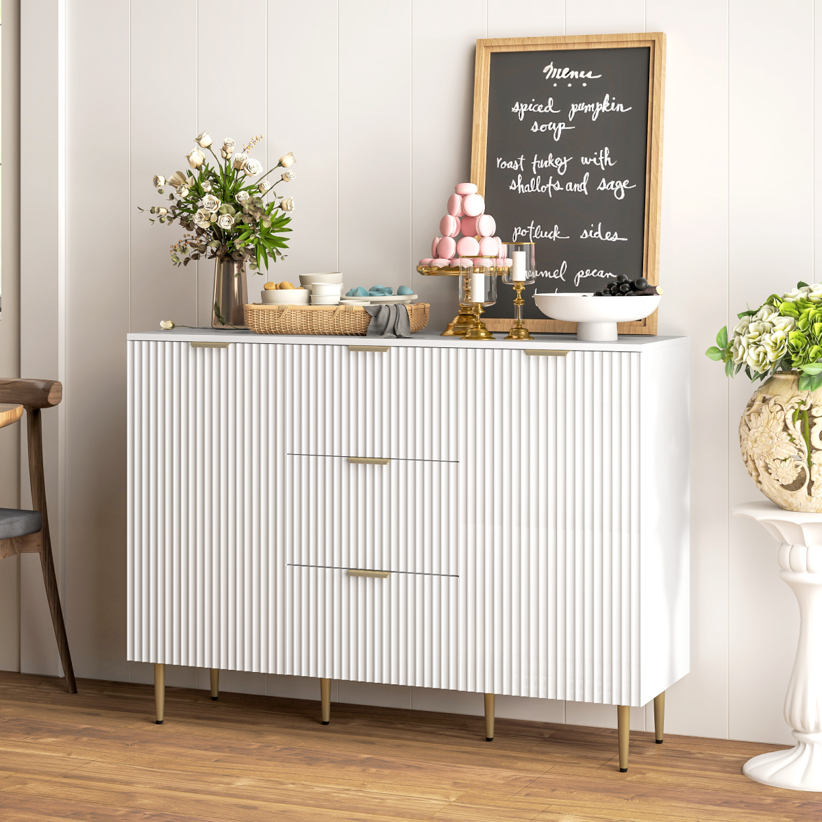 White Storage Cabinet with 3 Drawers, 2 Cabinets & TV Stand