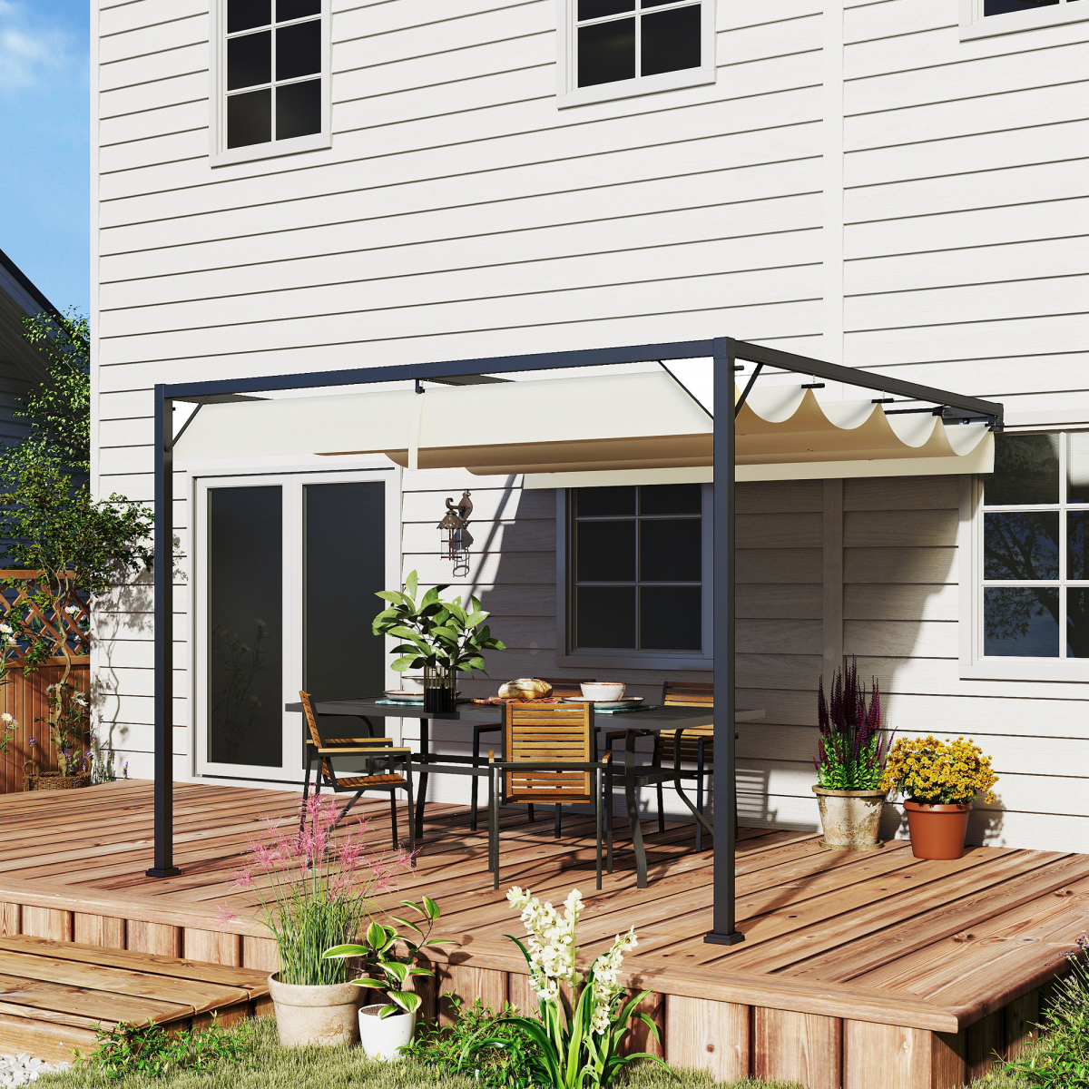 Outsunny 3x3m Wall-Mounted Pergola with Retractable Canopy, Cream White