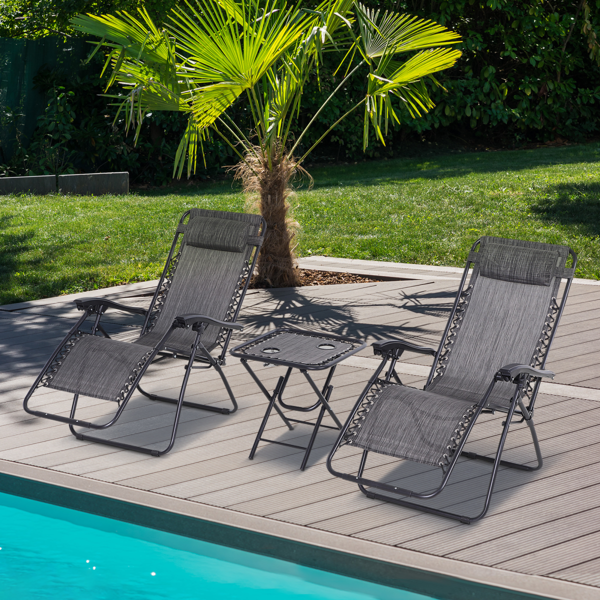 3-Piece Zero Gravity Garden Recliner Set with Side Table and Cup Holders, Light Grey