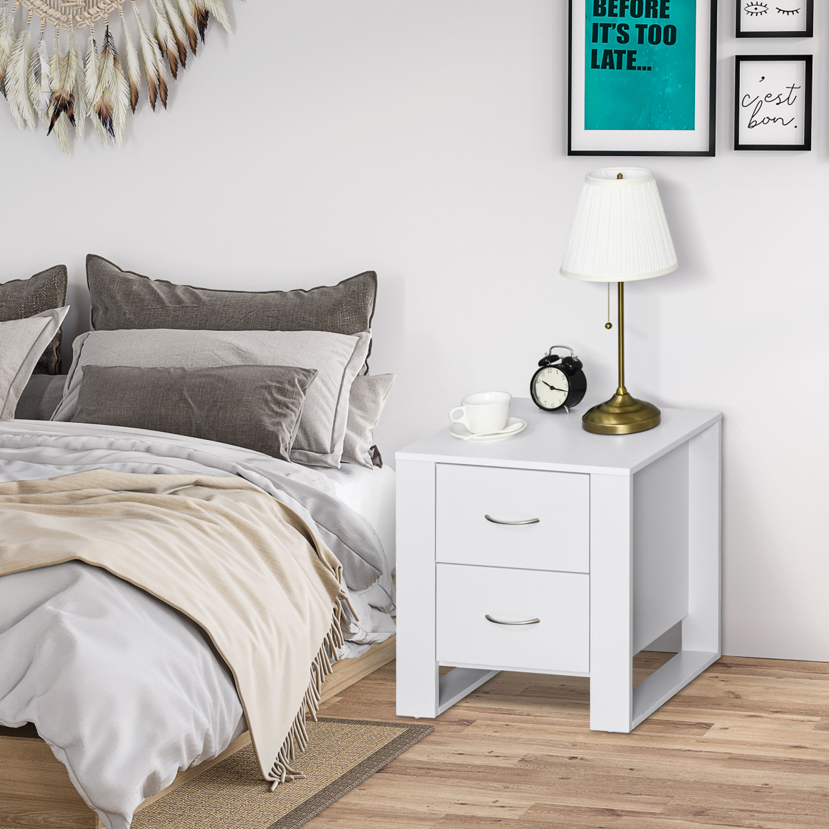 HOMCOM White Particle Board 2-Drawer Bedside Table with Silver Handles