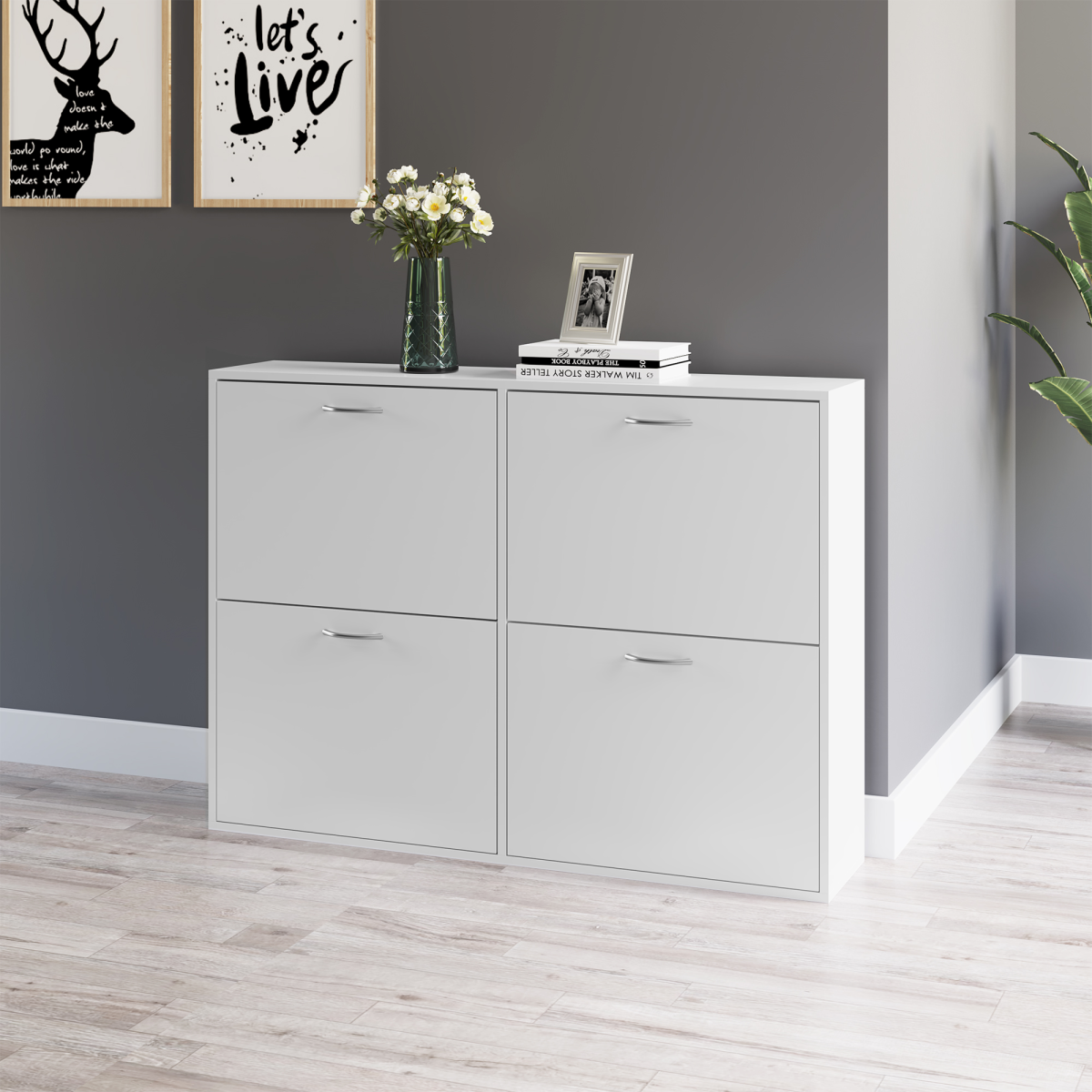 Wooden 4-Drawer Shoe Cabinet with Adjustable Shelves - White