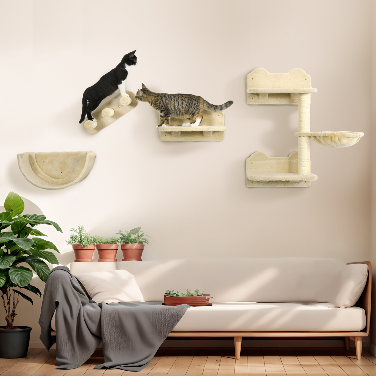 Wall-Mounted Cat Shelves with Hammock, Nest and Scratching Posts - Beige
