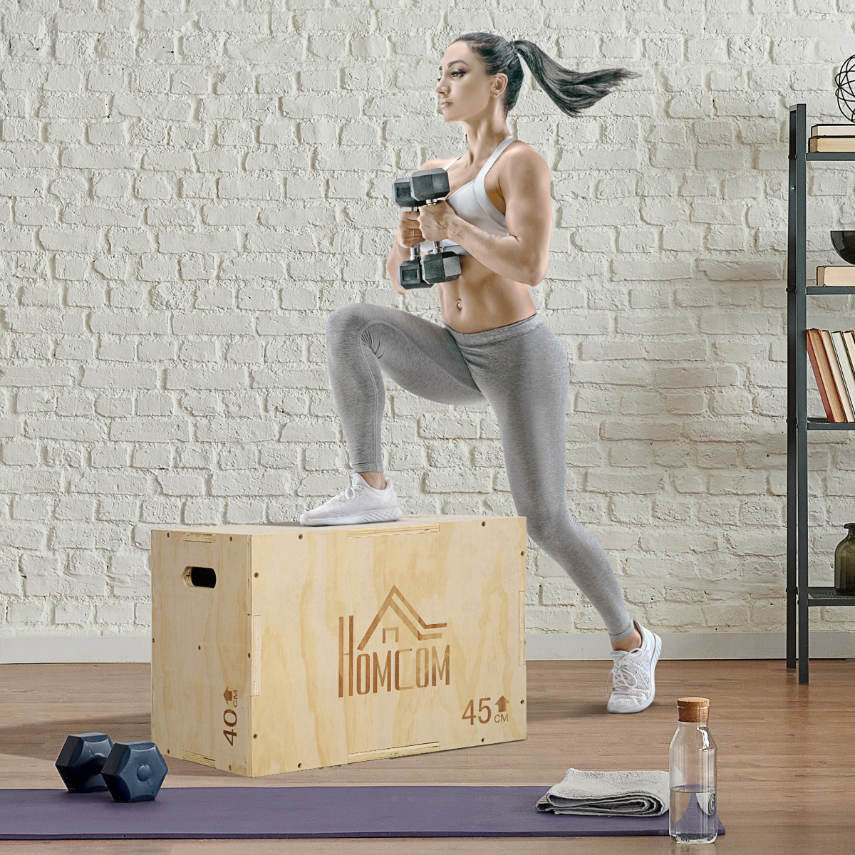 HOMCOM 3-in-1 Wooden Plyo Box for Home Gym, Natural Wood Finish