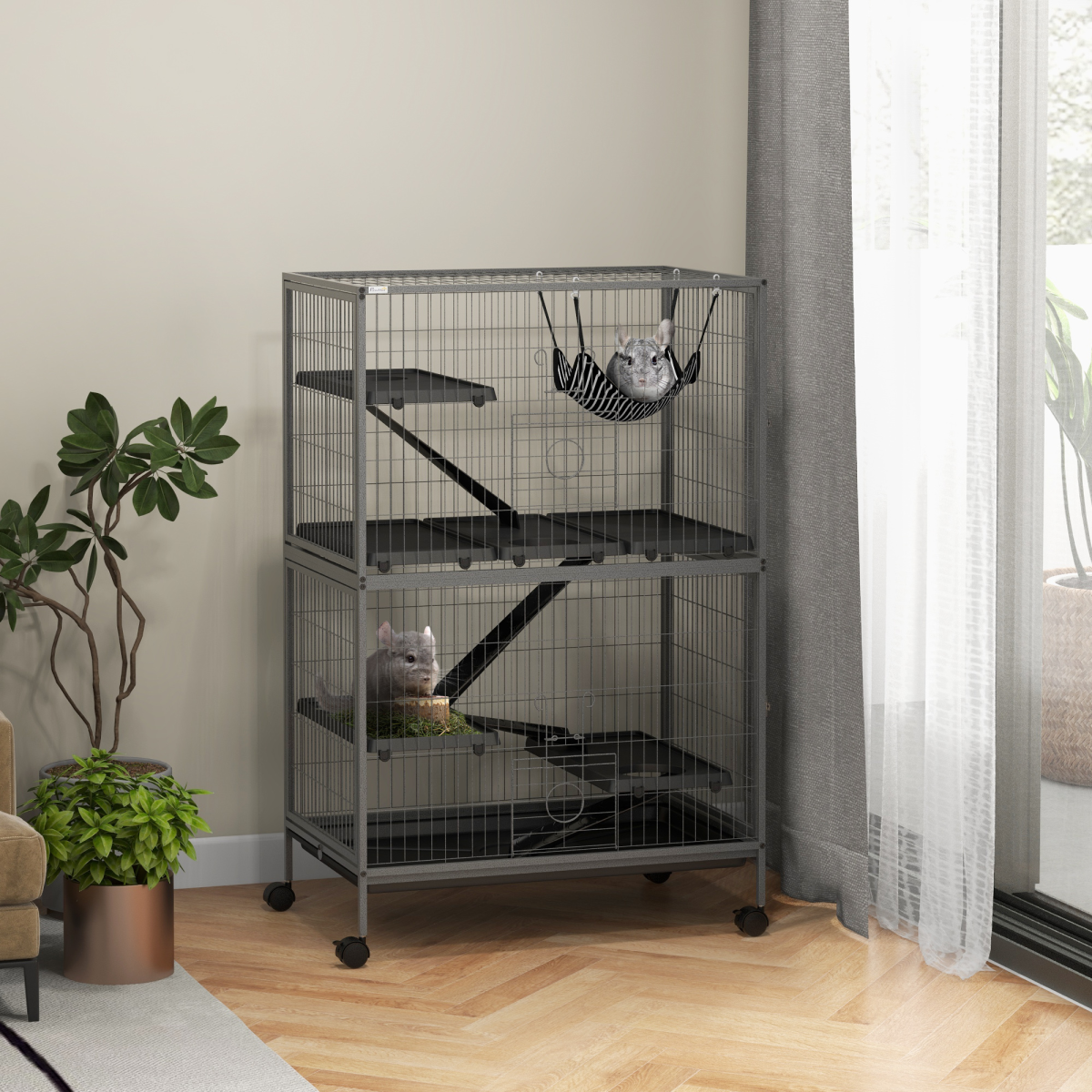 PawHut Multi-Level Small Animal Cage with Hammock, Tray & Wheels