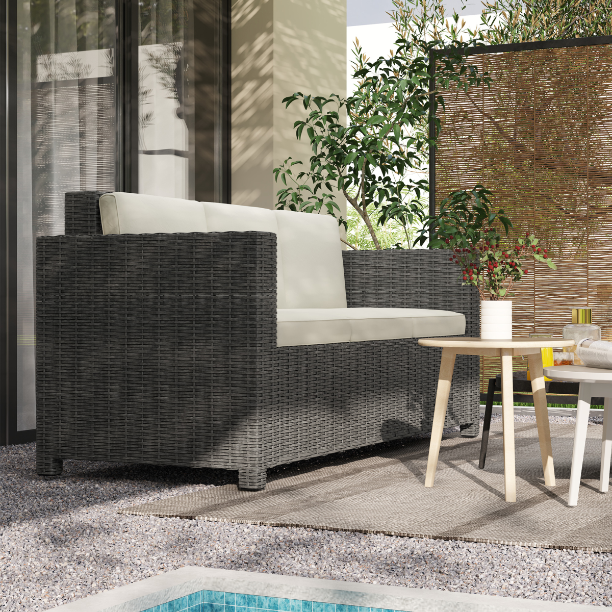 Outsunny 3-Seater PE Rattan Patio Sofa with Cushions, Cream
