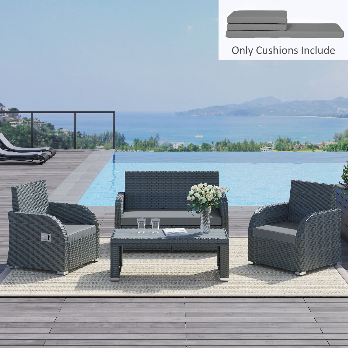 Outsunny 3 Piece Outdoor Replacement Cushion Set for Garden Furniture, 2 Single and 1 Double Seat Cushions