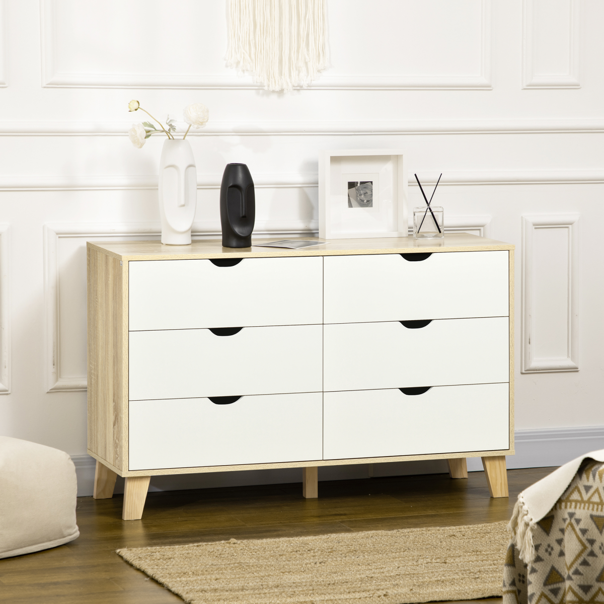 6-Drawer White and Brown Chest of Drawers for Bedroom Storage