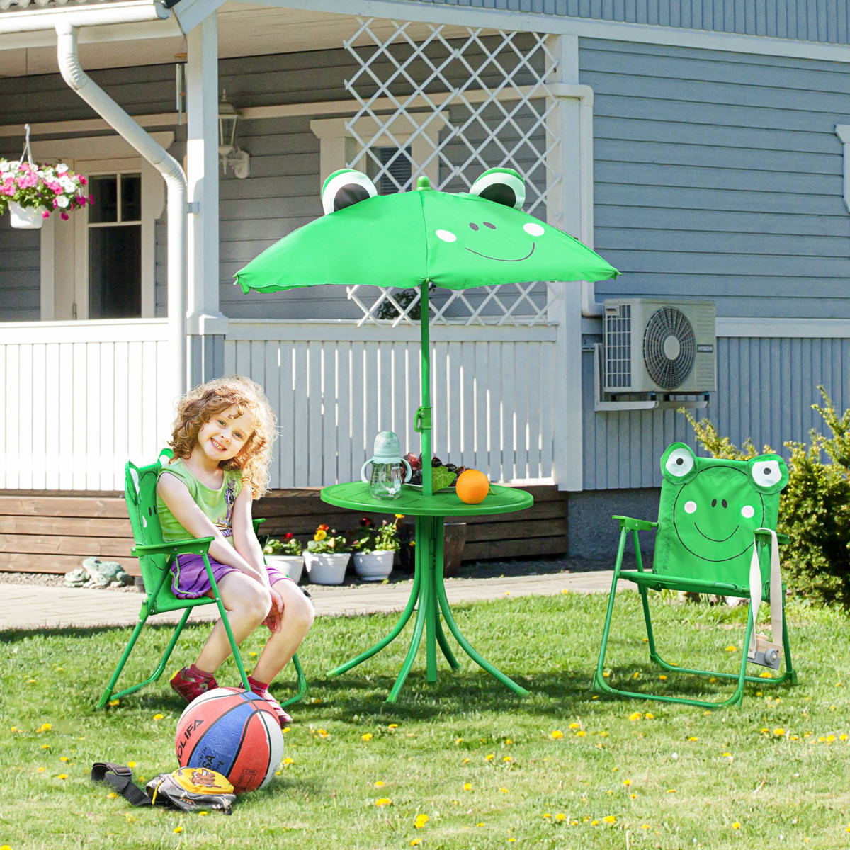 Foldable Kids Metal Patio Picnic Table Set with 2 Chairs and Parasol Umbrella, 4-Piece