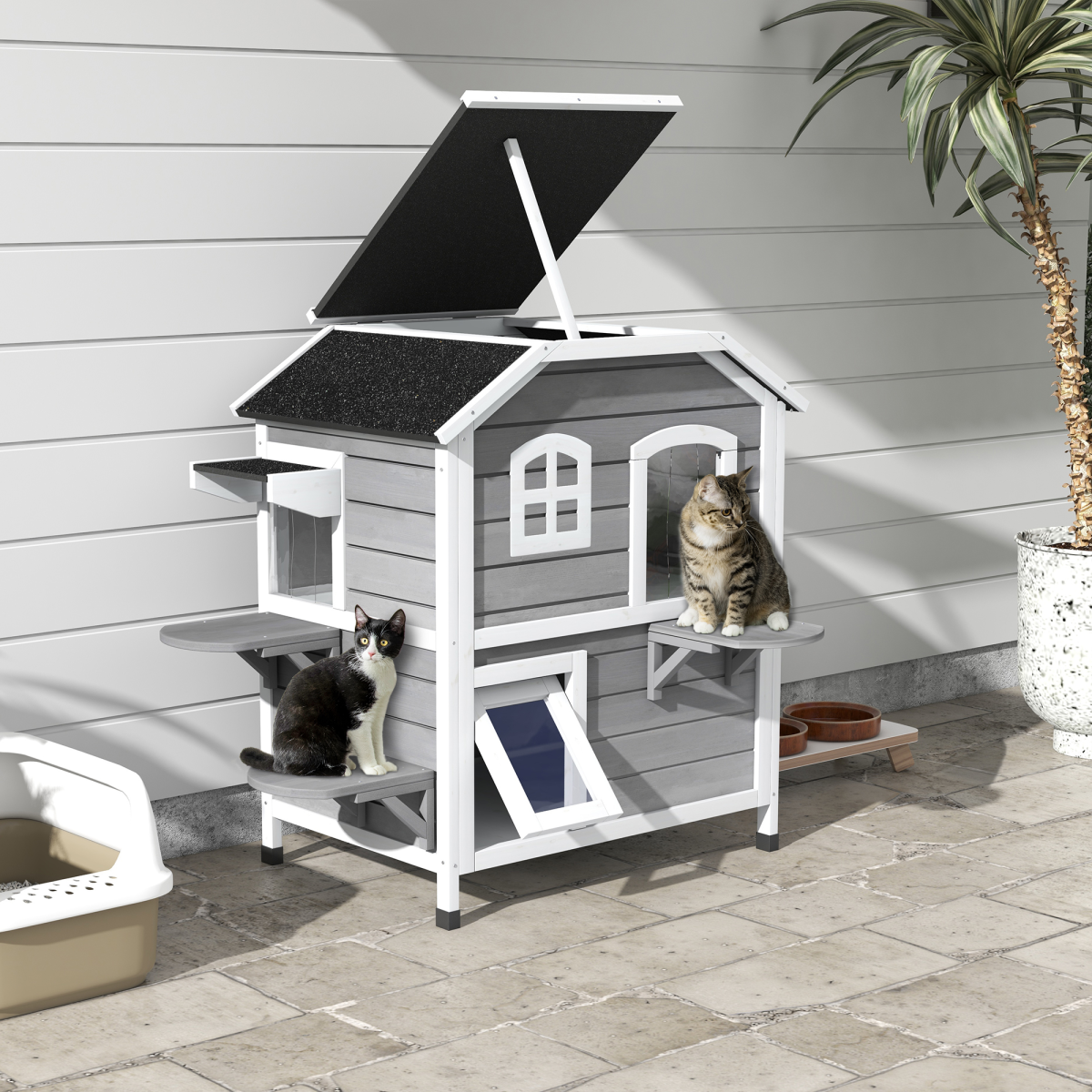 PawHut Large Fir Wood 2-Floor Cat Condo with Openable Roof, Outdoor/Indoor Catio, Grey