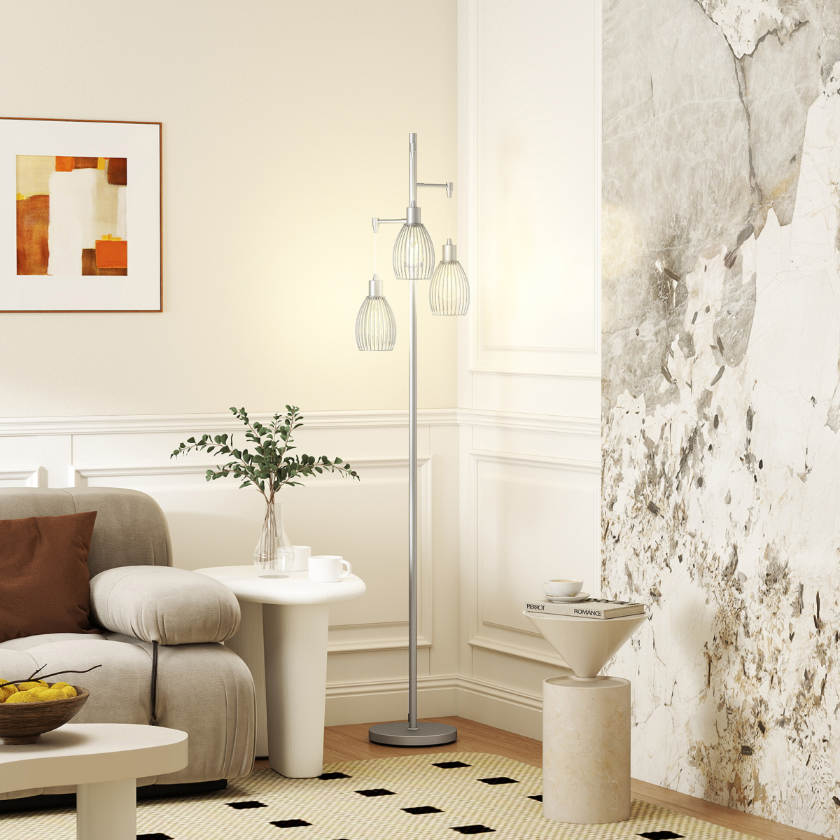 HOMCOM Industrial 3-Light Dimmable Floor Lamp, Silver Tone