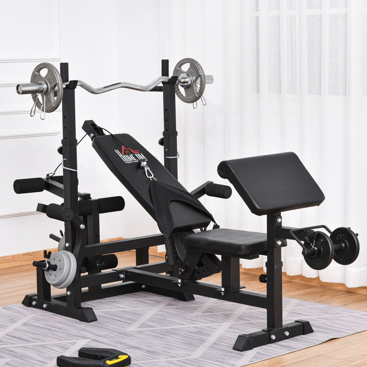 HOMCOM Multi-Function Full-Body Weight Bench with Bench Press, Leg Extension, Preacher Curl Pad and Barbell Rack
