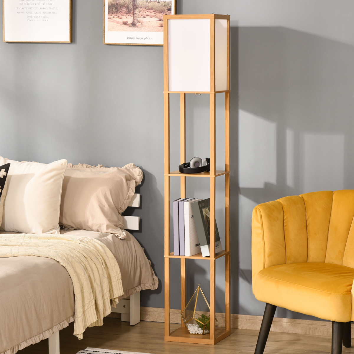 HOMCOM Floor Lamp with 3 Storage Shelves and Foot Switch, Natural