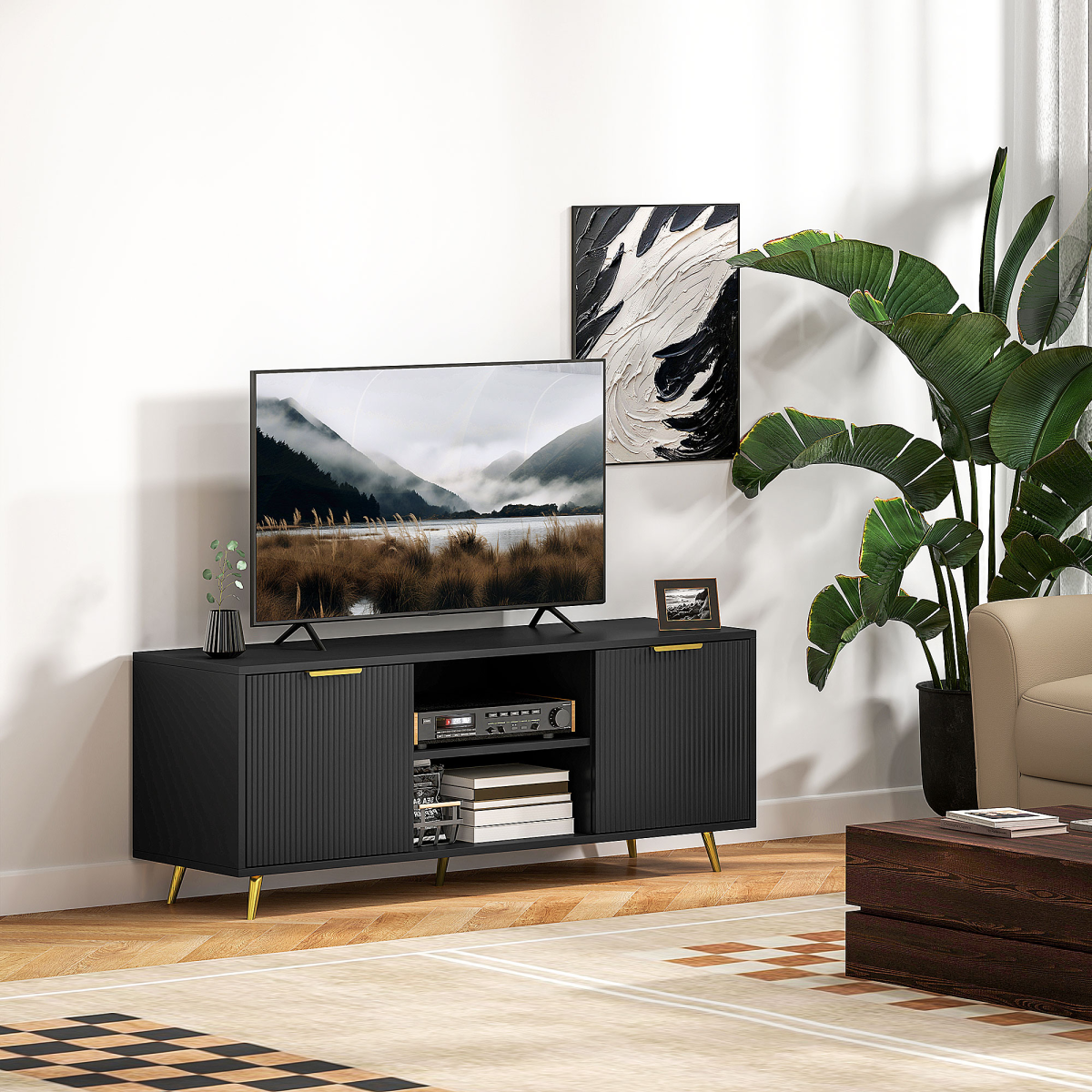 HOMCOM Black TV Stand Cabinet with Storage for 55 Inch TVs