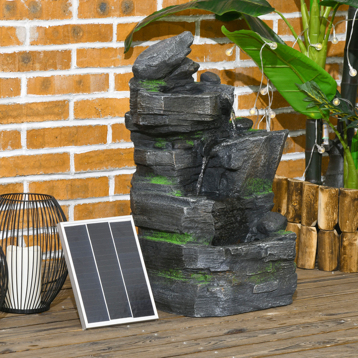 Outsunny Solar Outdoor Garden Fountain with LED Lights, Dark Grey