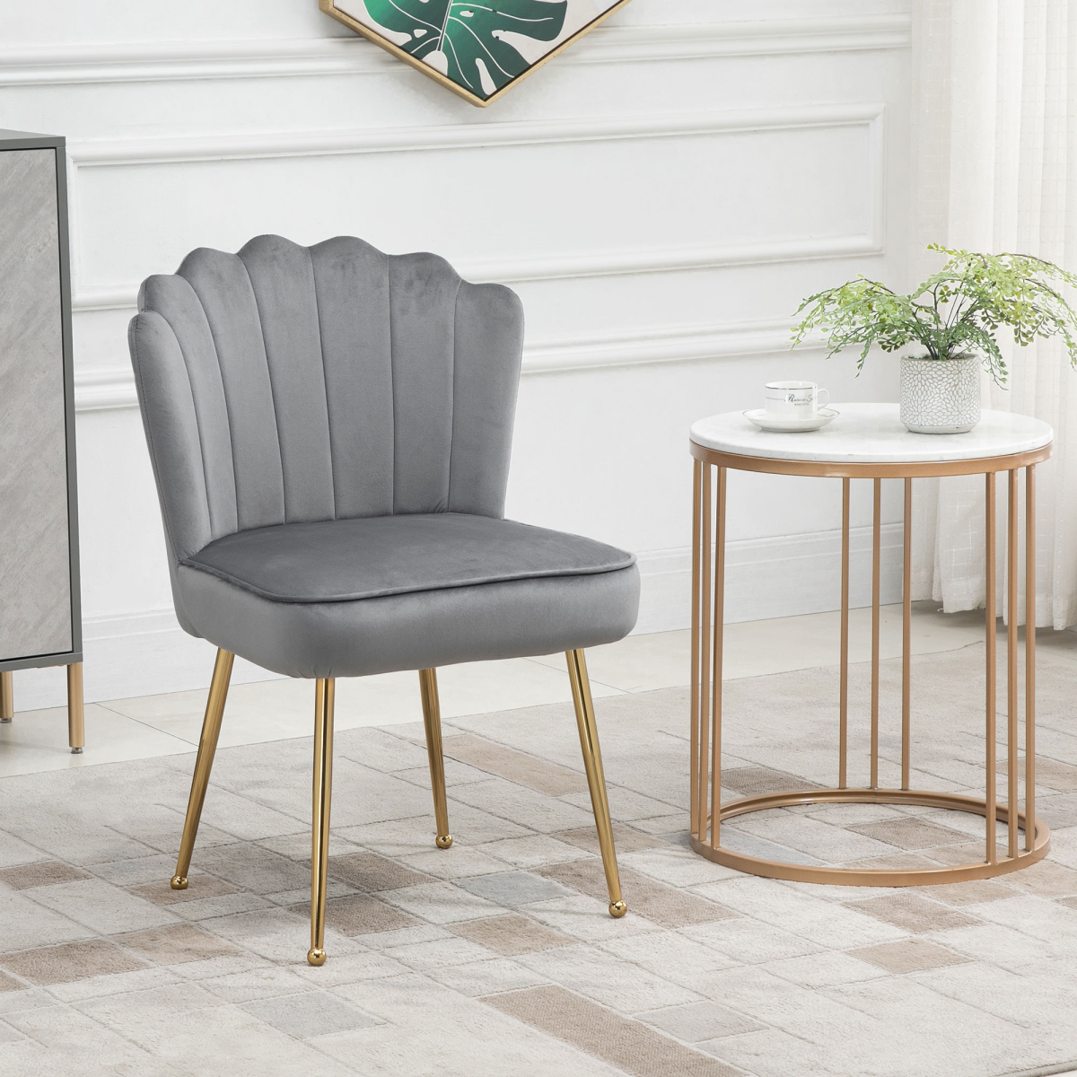 Homcom Grey Velvet-Feel Shell Accent Chair with Metal Legs