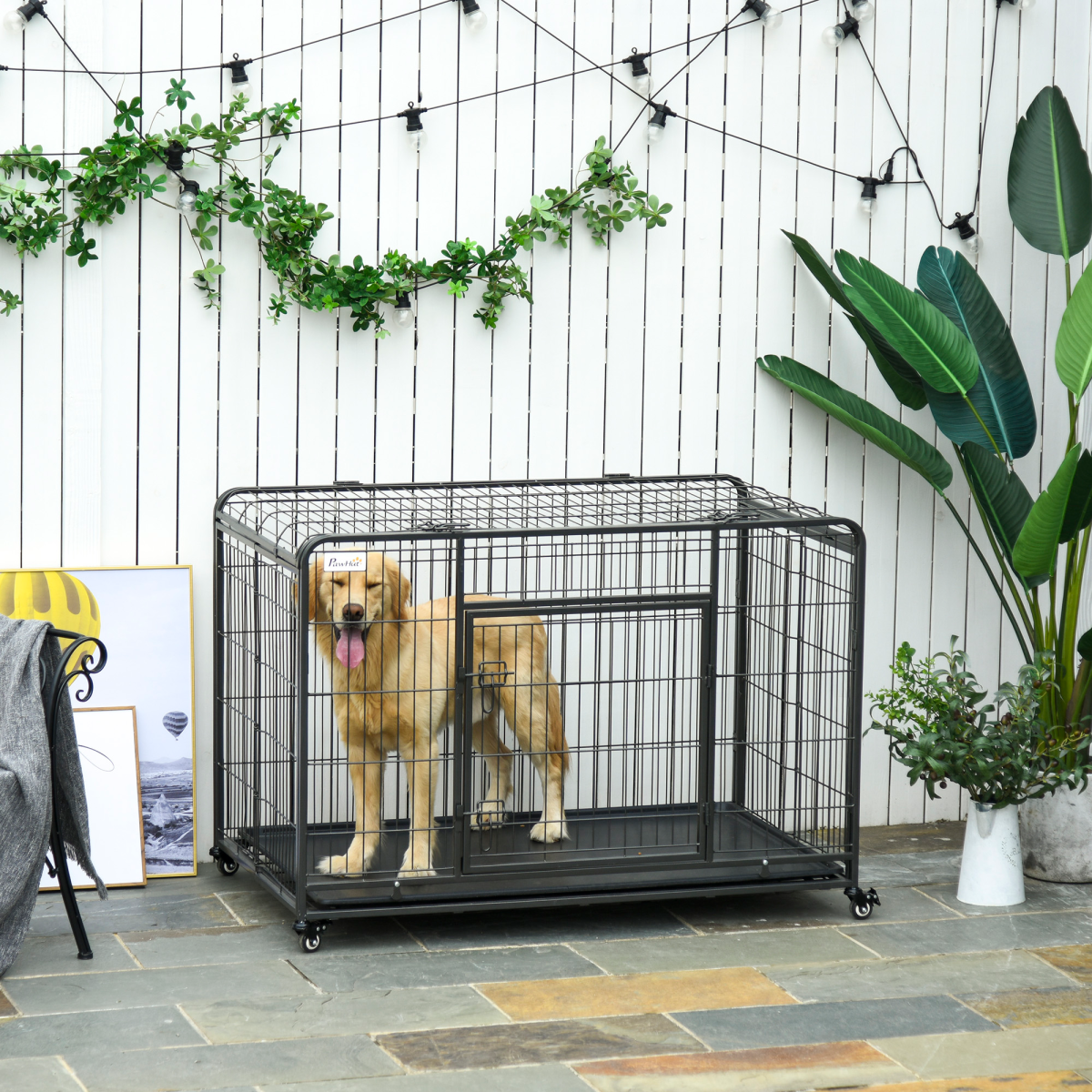 PawHut Metal Dog Crate with Locking Door, Wheels, Foldable Design & Removable Tray, Extra Large Dog Cage 125 x 76 x 81 cm
