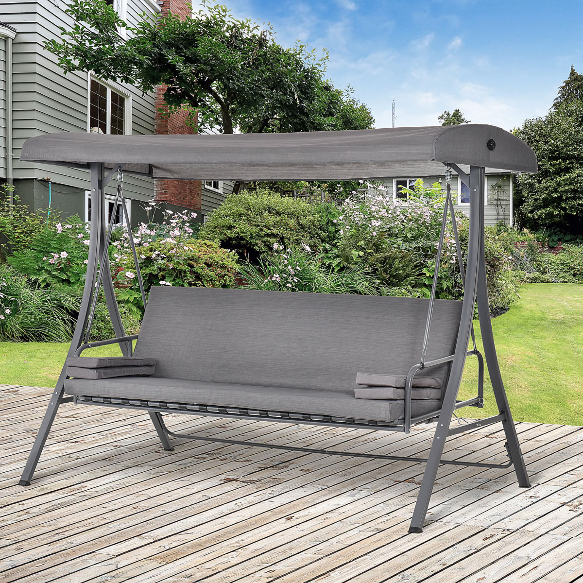 Outsunny 2-in-1 Swing Chair 3 Seater Bench Hammock Bed with Adjustable Canopy and Pillow, Grey