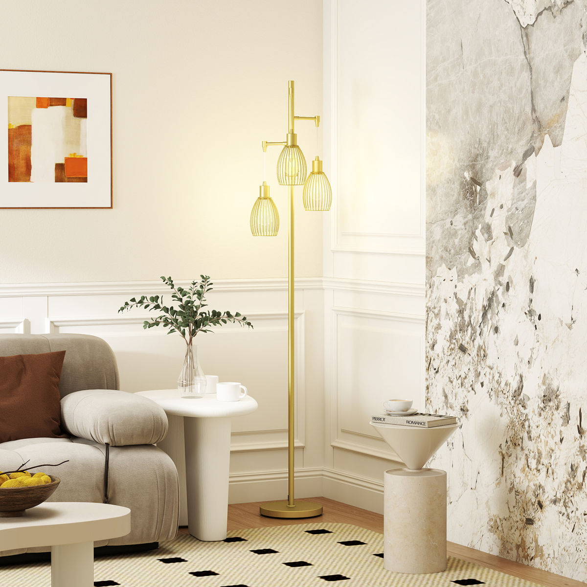 HOMCOM Industrial 3-Light Dimmable Floor Lamp, Gold